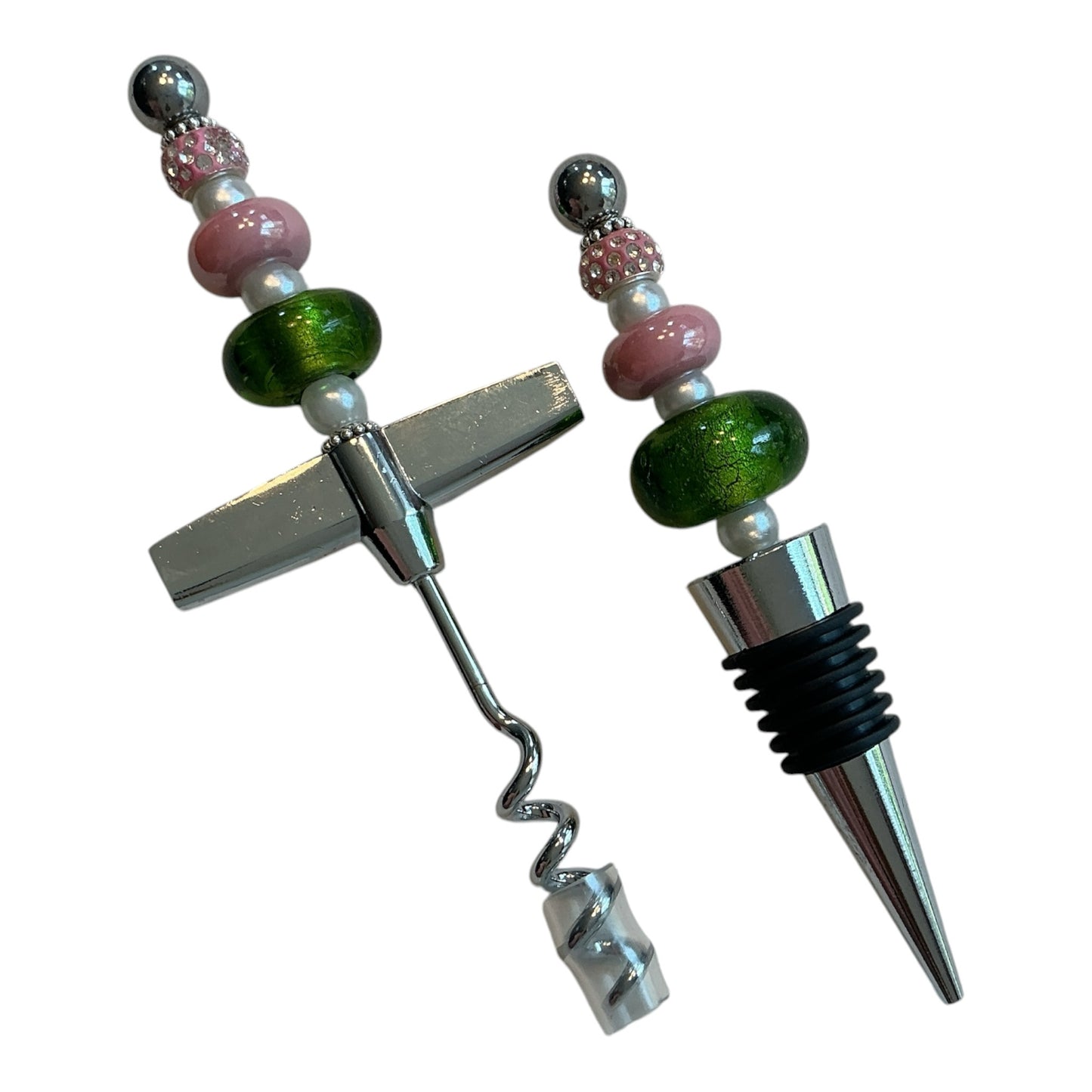 House of Lux Gifts wine corkscrew and stopper set with pink and emerald green glass beads and crystal accents.
