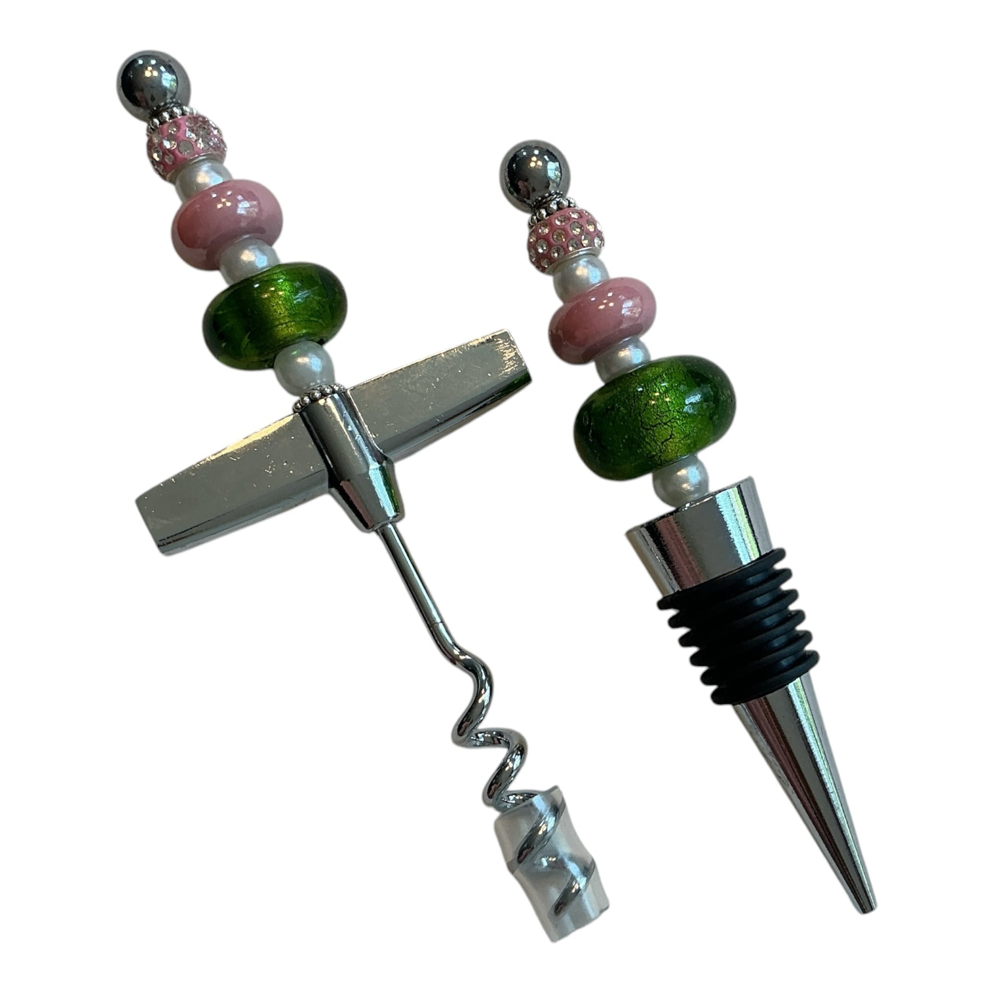 House of Lux Gifts wine corkscrew and stopper set with pink and emerald green glass beads and crystal accents.