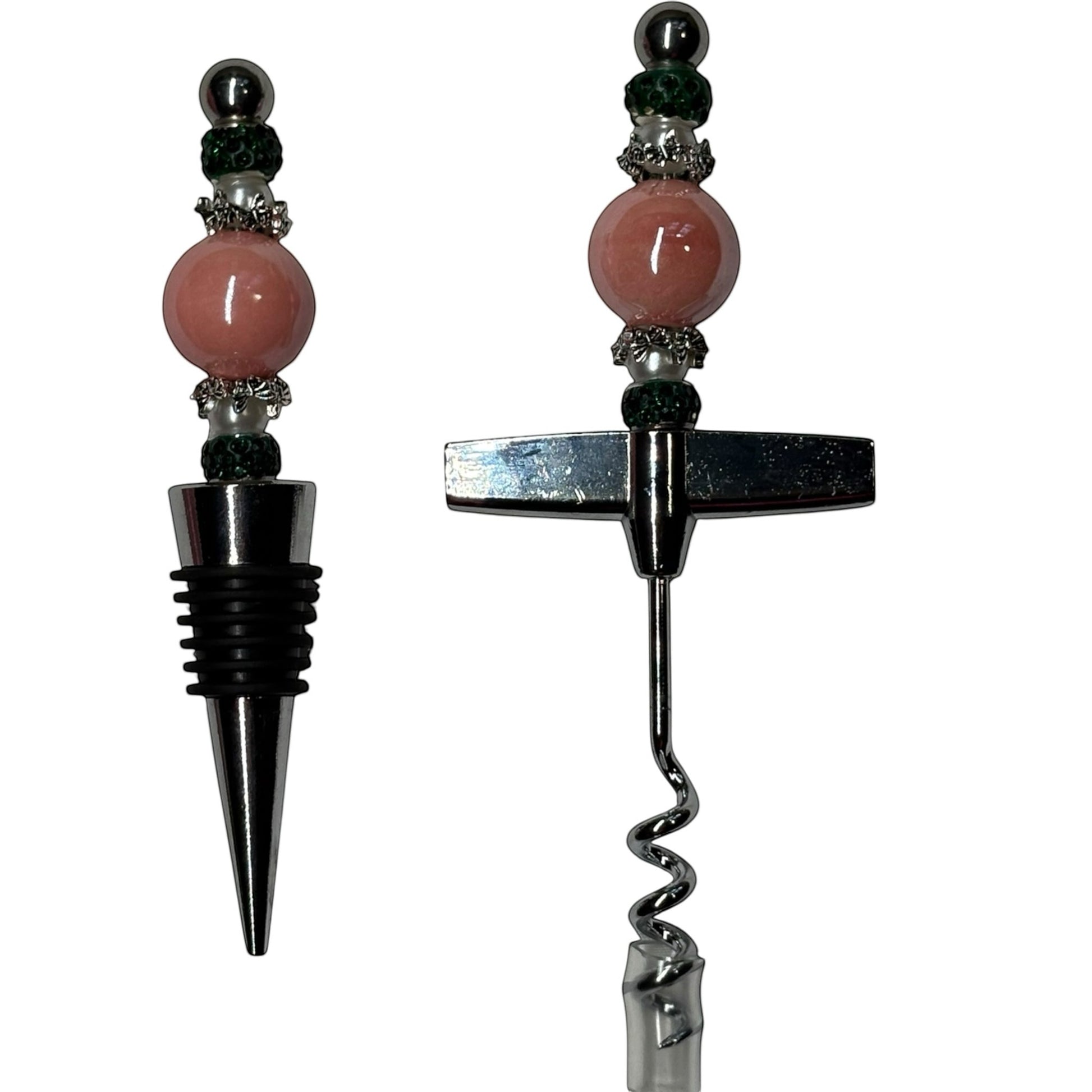 House of Lux Gifts pink and green beaded wine bottle stopper and corkscrew set with metallic accents