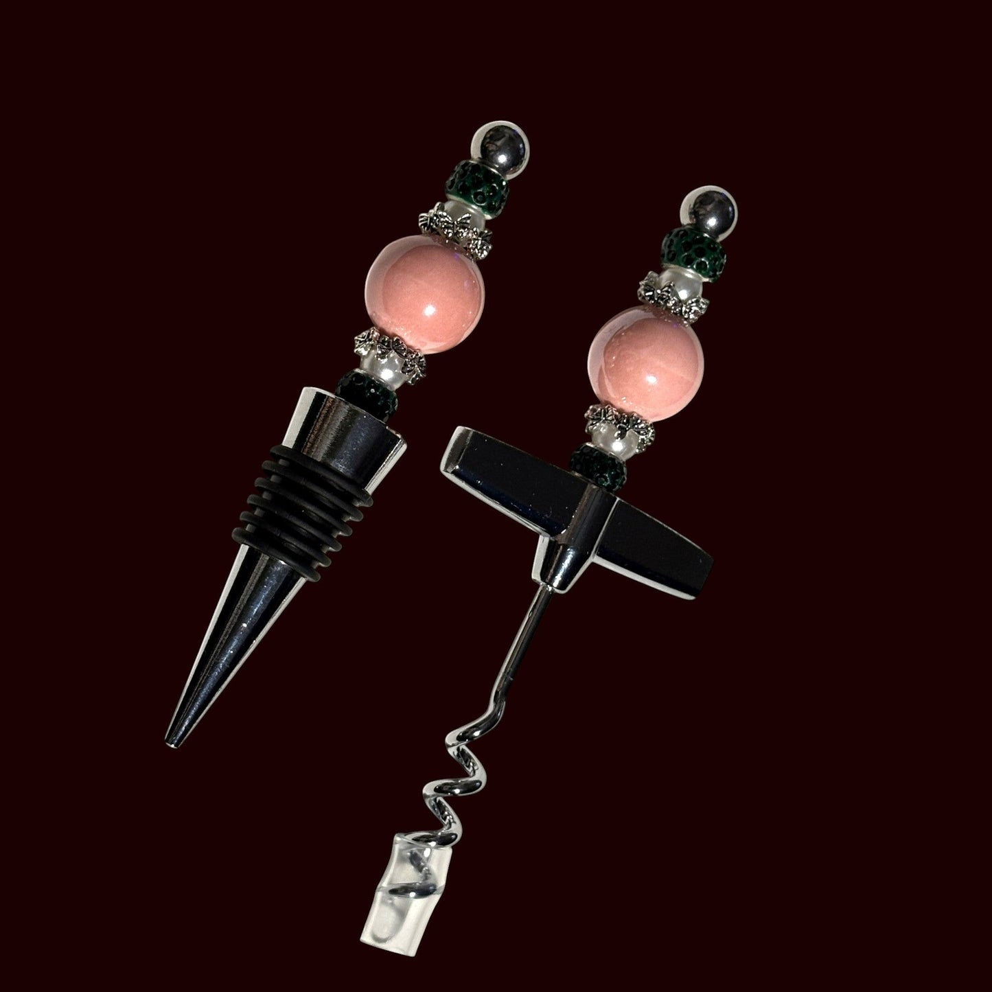 House of Lux Gifts pink and green beaded wine bottle stopper and corkscrew set with metallic accents