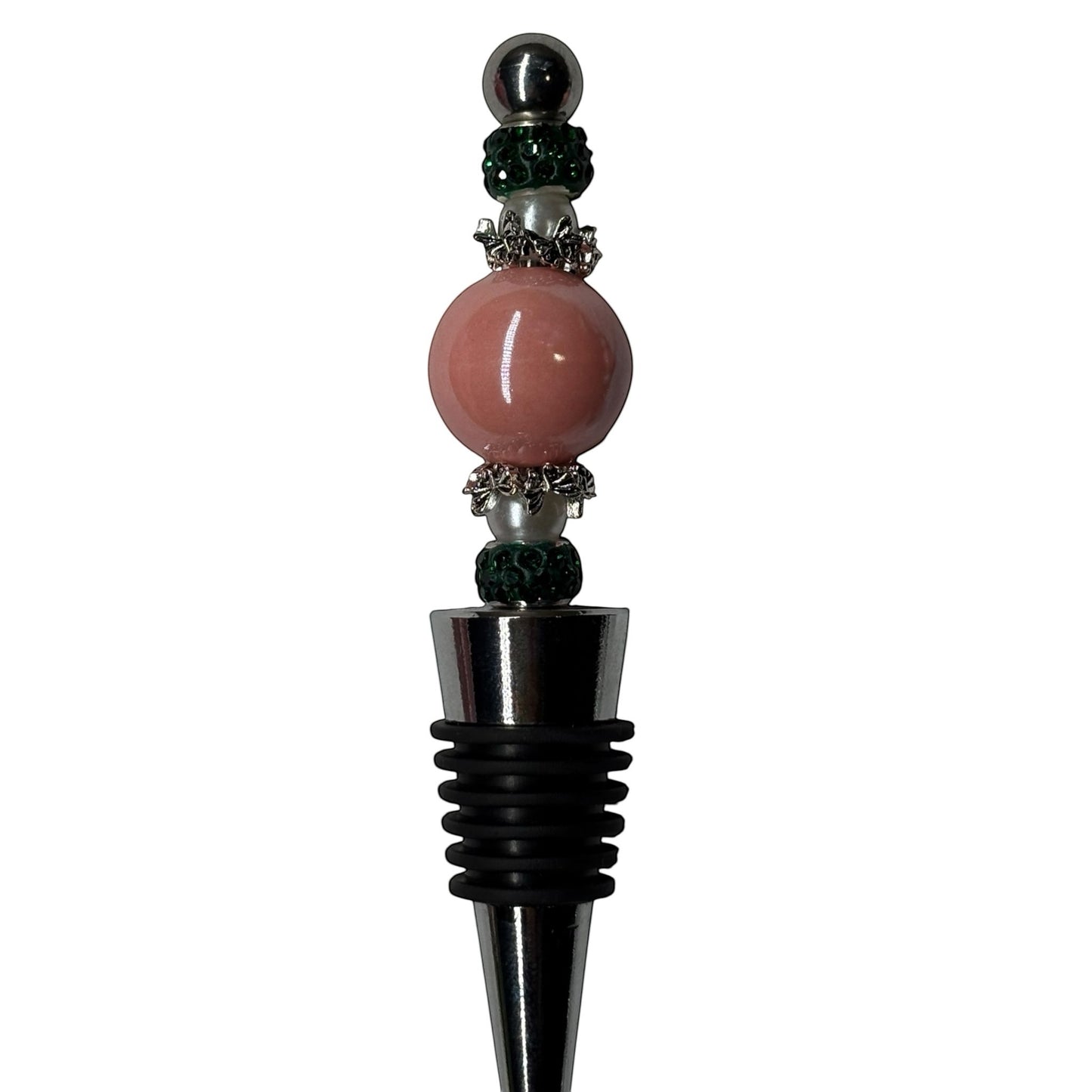 House of Lux Gifts pink and green beaded wine bottle stopper with decorative metal accents and black rubber seal