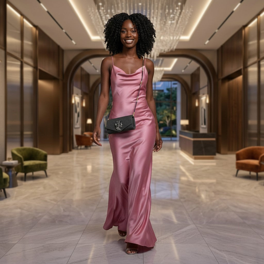 House of Lux Gifts black crystal evening clutch worn by a woman in a pink satin gown in a luxury hotel lobby