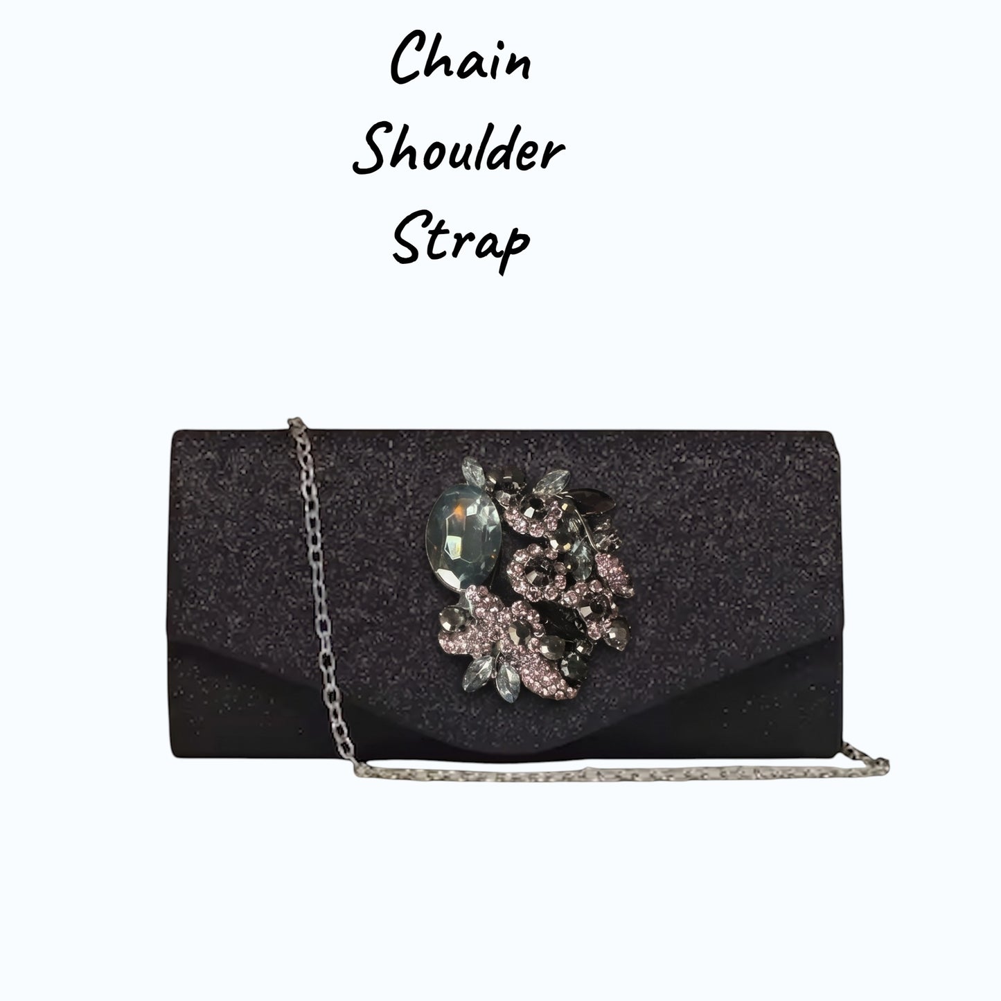 House of Lux Gifts black crystal evening clutch with silver chain strap and statement rhinestone embellishment