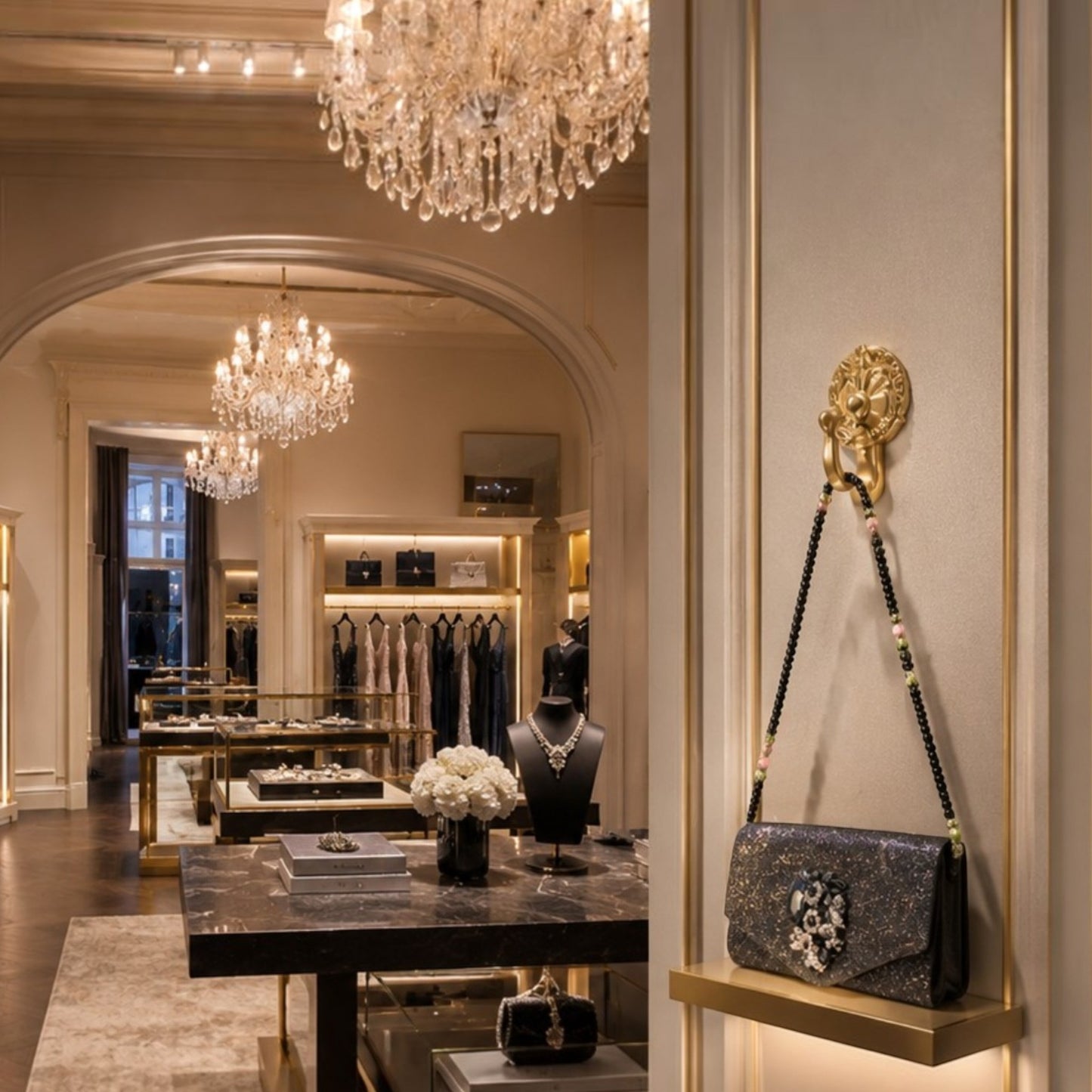 House of Lux Gifts black crystal evening clutch with beaded strap displayed in a luxury boutique setting.