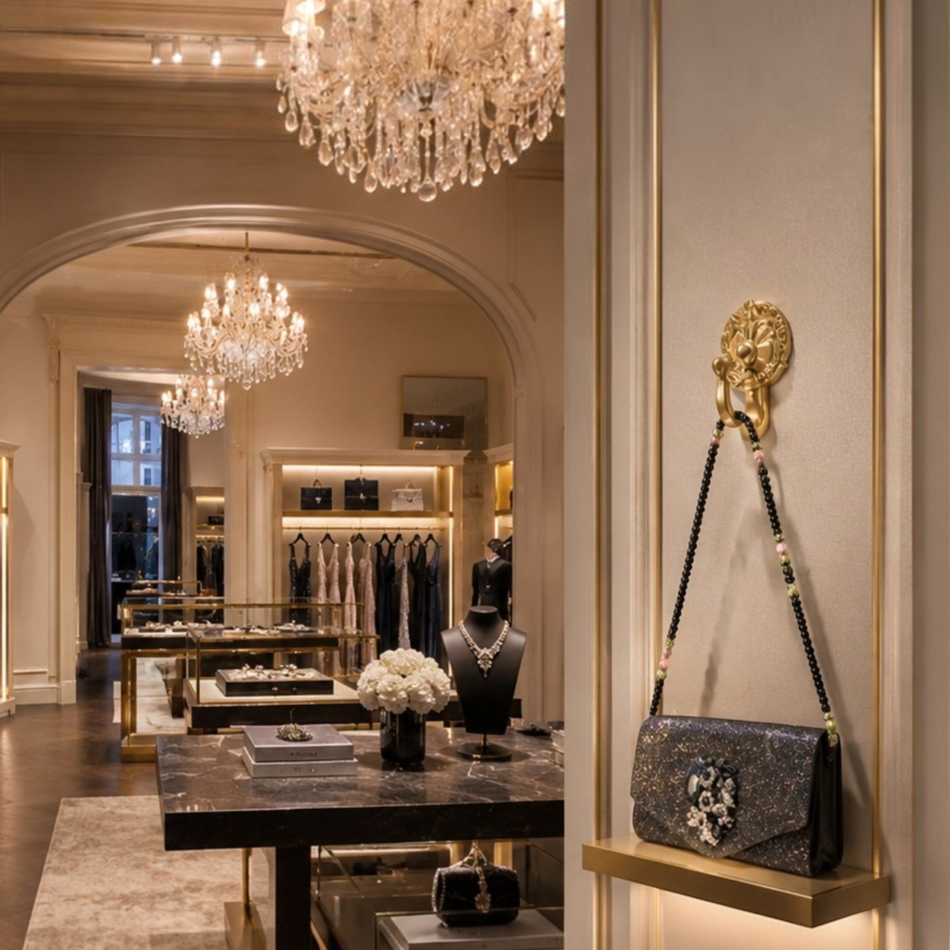 House of Lux Gifts black crystal evening clutch with beaded strap displayed in a luxury boutique setting.