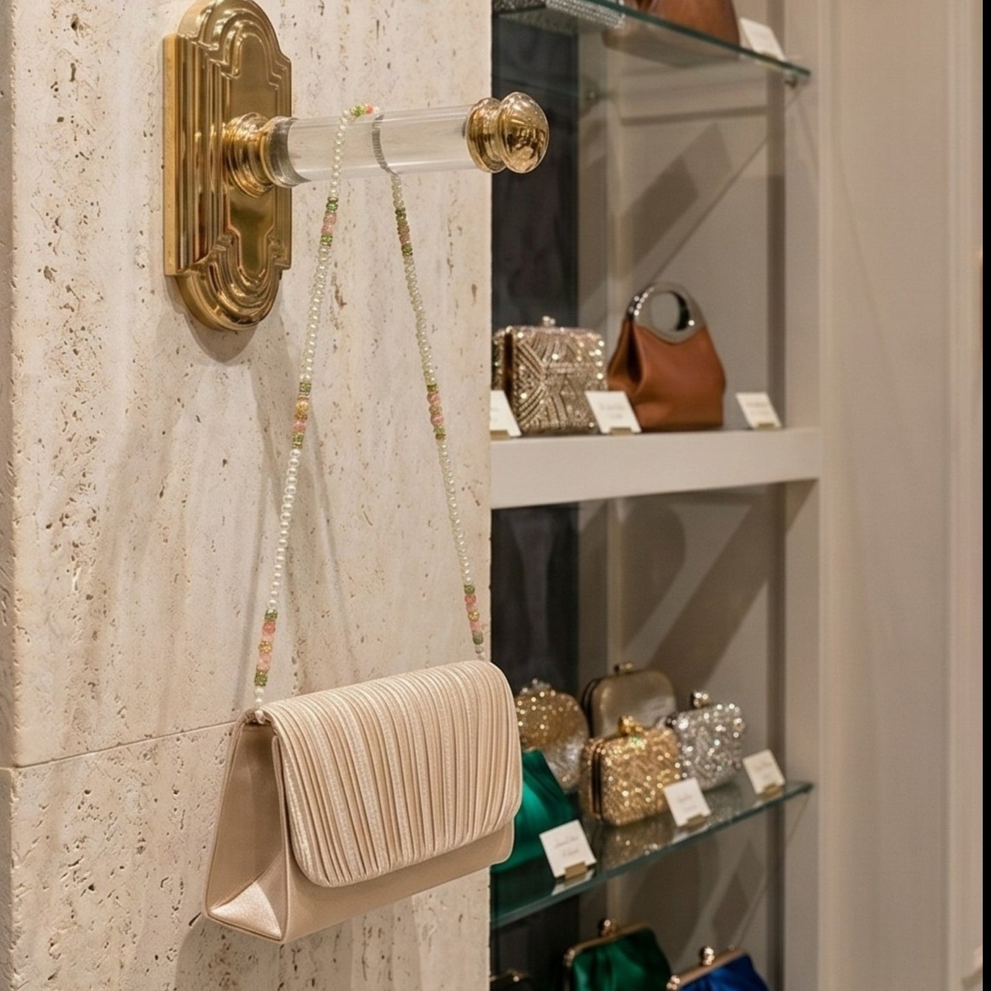 House of Lux Gifts cream pleated evening clutch with a beaded shoulder strap featuring green jade and pink quartz.