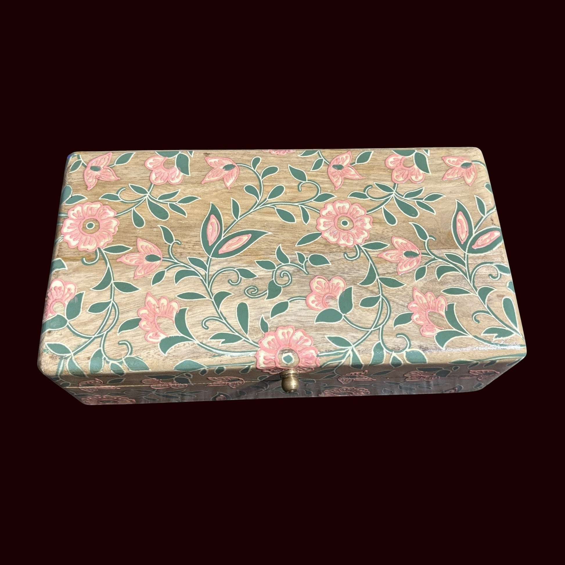 House of Lux Gifts wooden game night box featuring intricate pink floral and green vine inlay on a natural wood finish.