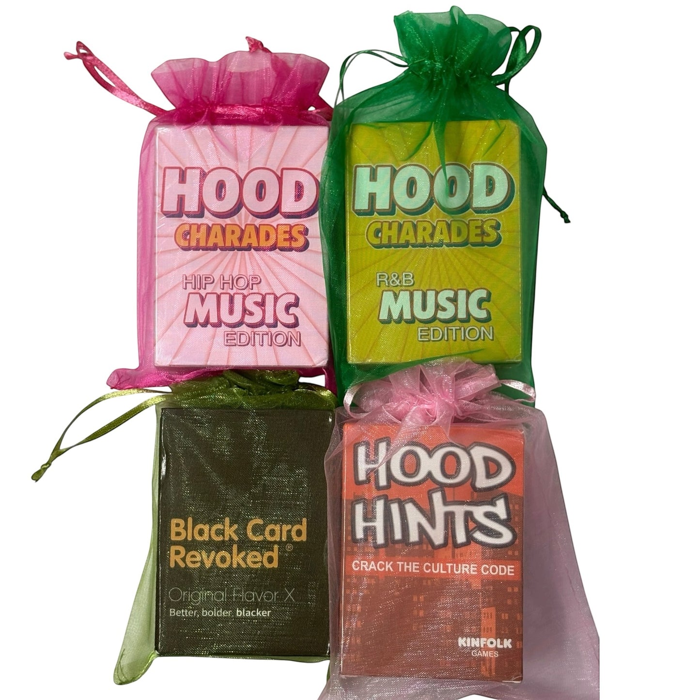 House of Lux Gifts game night set featuring Hood Charades, Black Card Revoked, and Hood Hints in organza pouches.