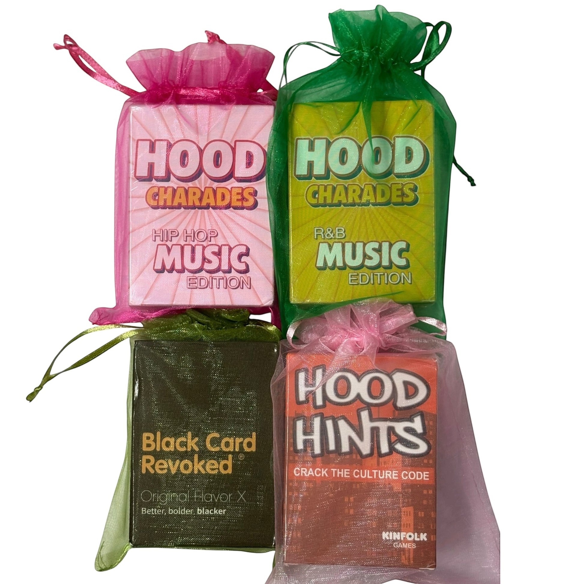 House of Lux Gifts game night set featuring Hood Charades, Black Card Revoked, and Hood Hints in organza pouches.