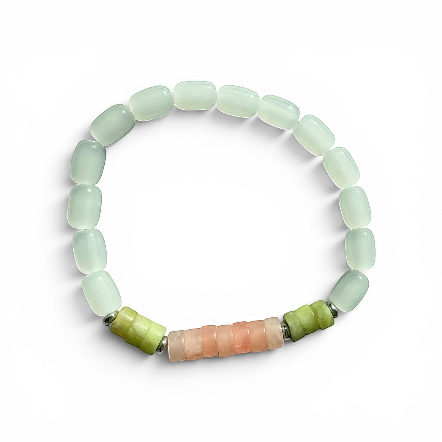 House of Lux Gifts handcrafted stretch bracelet with mint green, olive, and blush pink gemstone beads and metal spacers.