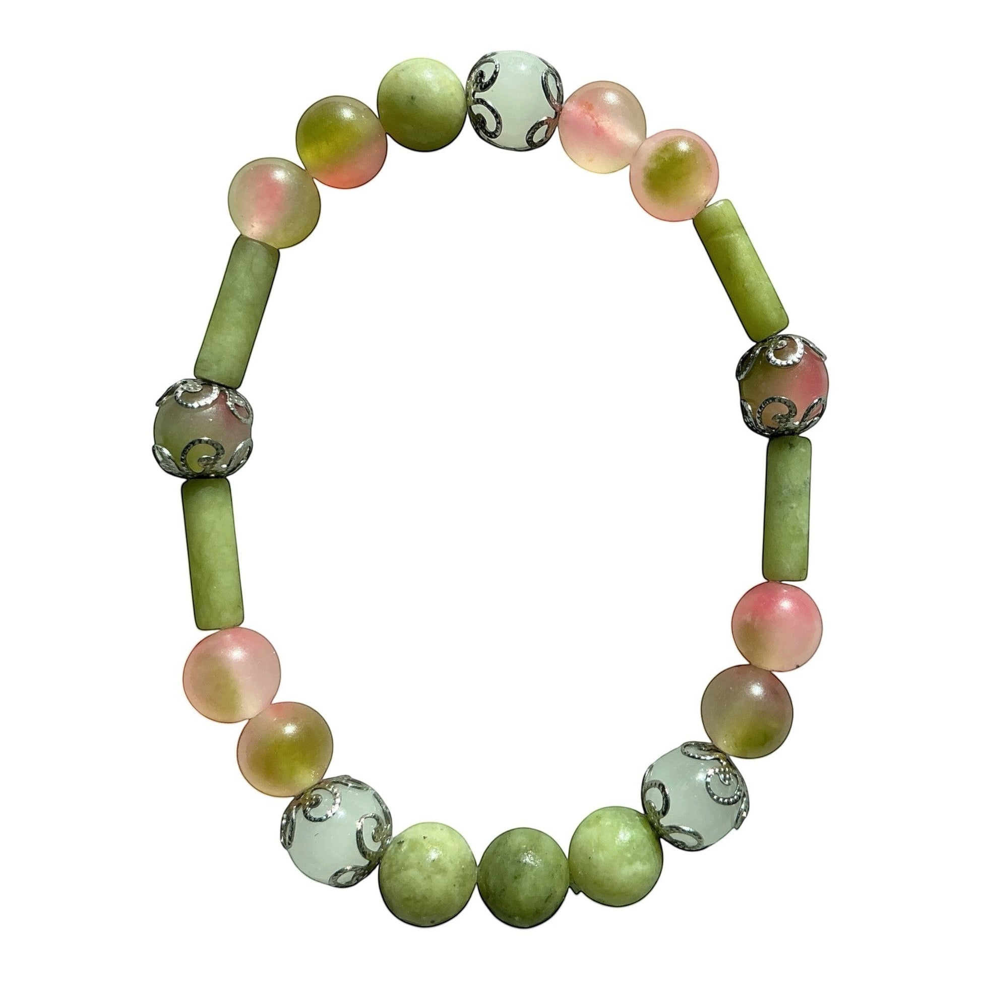 House of Lux Gifts handcrafted gemstone stretch bracelet with mint, olive, and blush beads and metallic spacers.