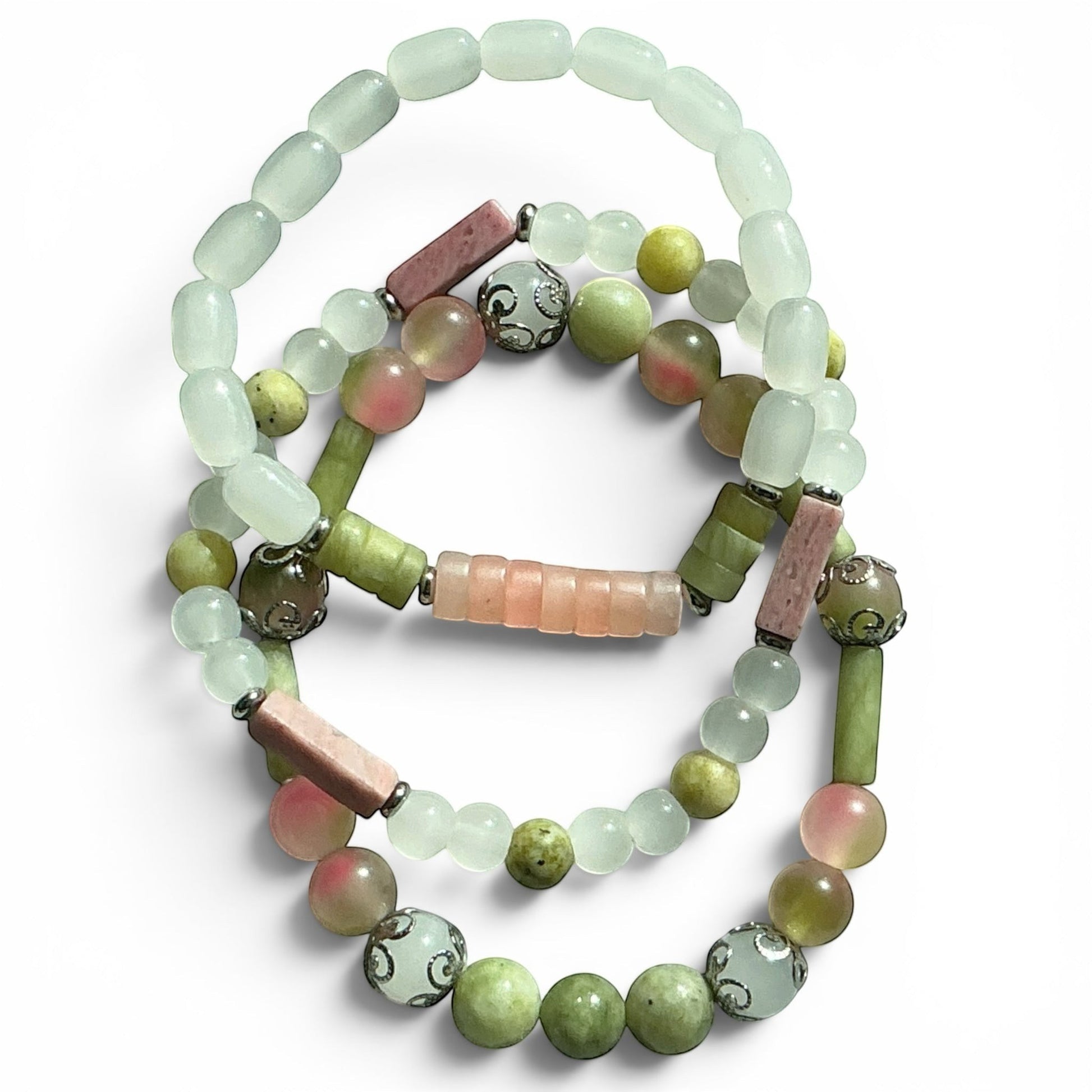 House of Lux Gifts artisan stretch bracelets with mint, olive, and blush gemstone beads and metallic spacers.