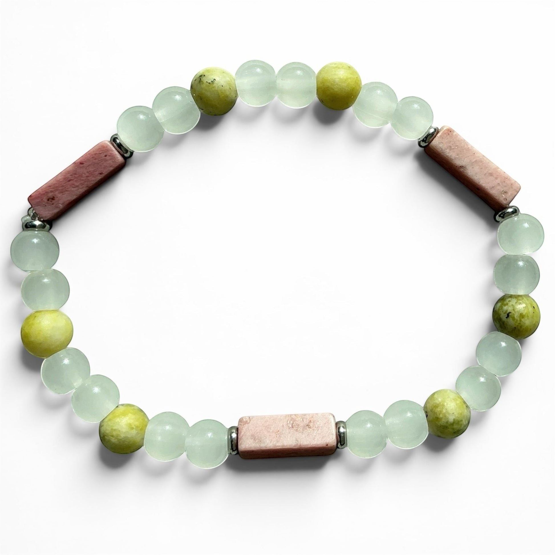 House of Lux Gifts handcrafted stretch bracelet with mint green, olive, and blush pink gemstone beads and metal spacers.