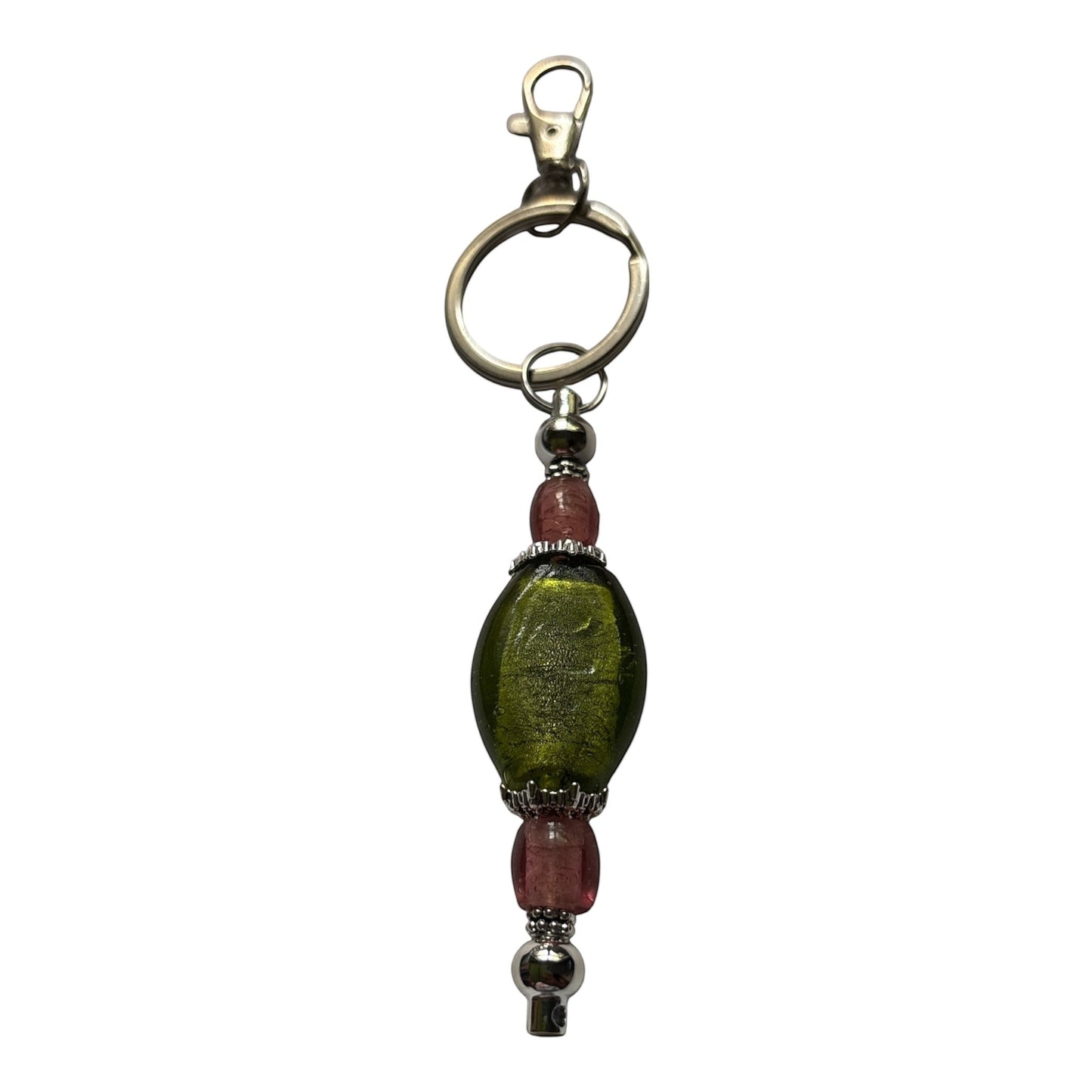 House of Lux Gifts handmade lampwork glass keychain with pink and green beads and gold plated metal accents.