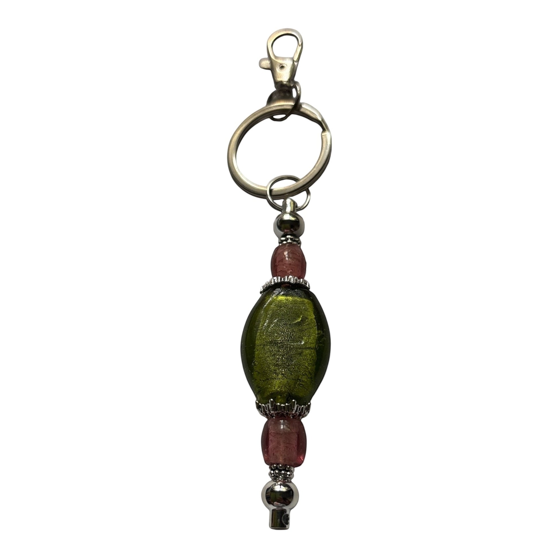 House of Lux Gifts handmade lampwork glass keychain with pink and green beads and gold plated metal accents.