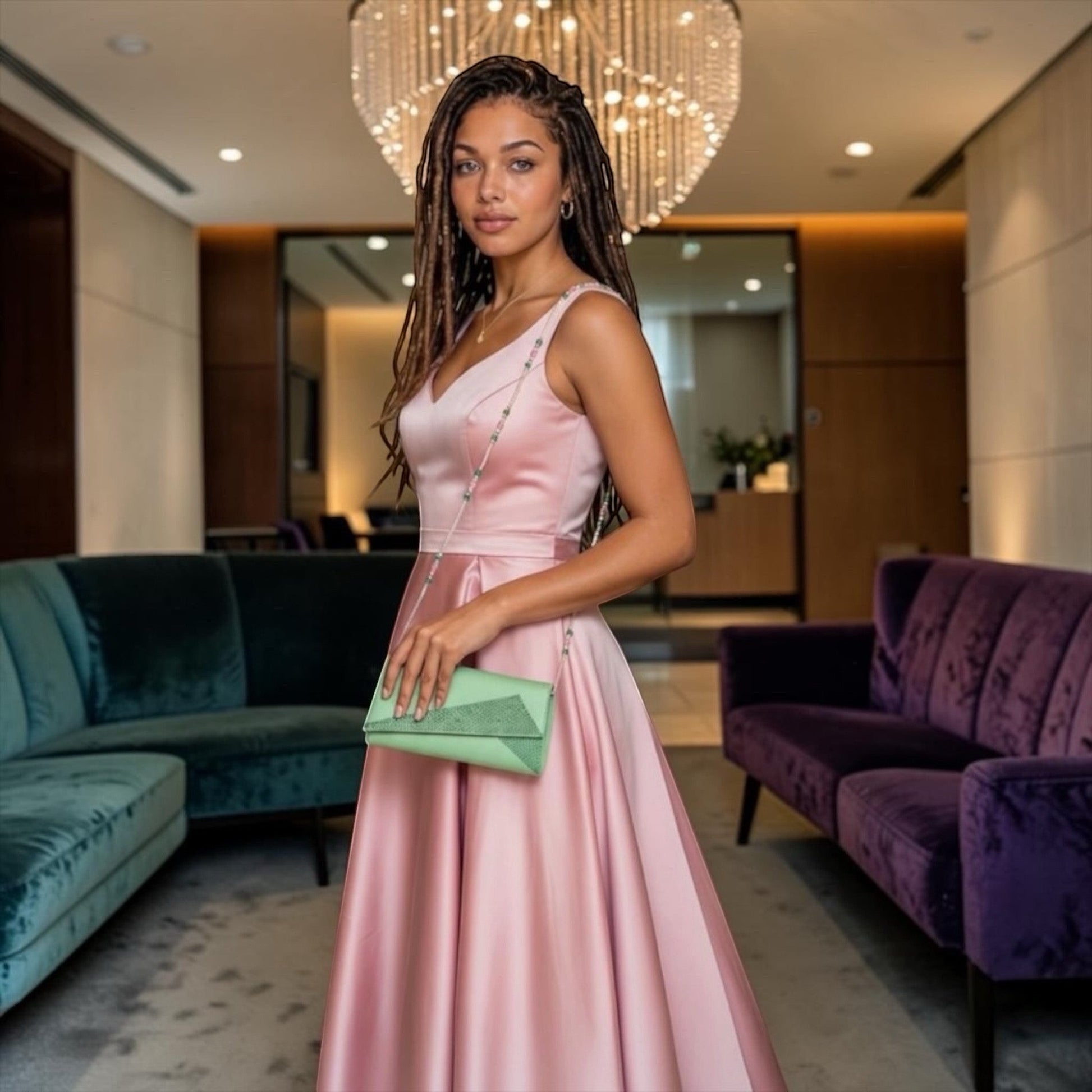 House of Lux Gifts green crystal evening clutch with beaded strap held by a woman in a pink satin formal gown.