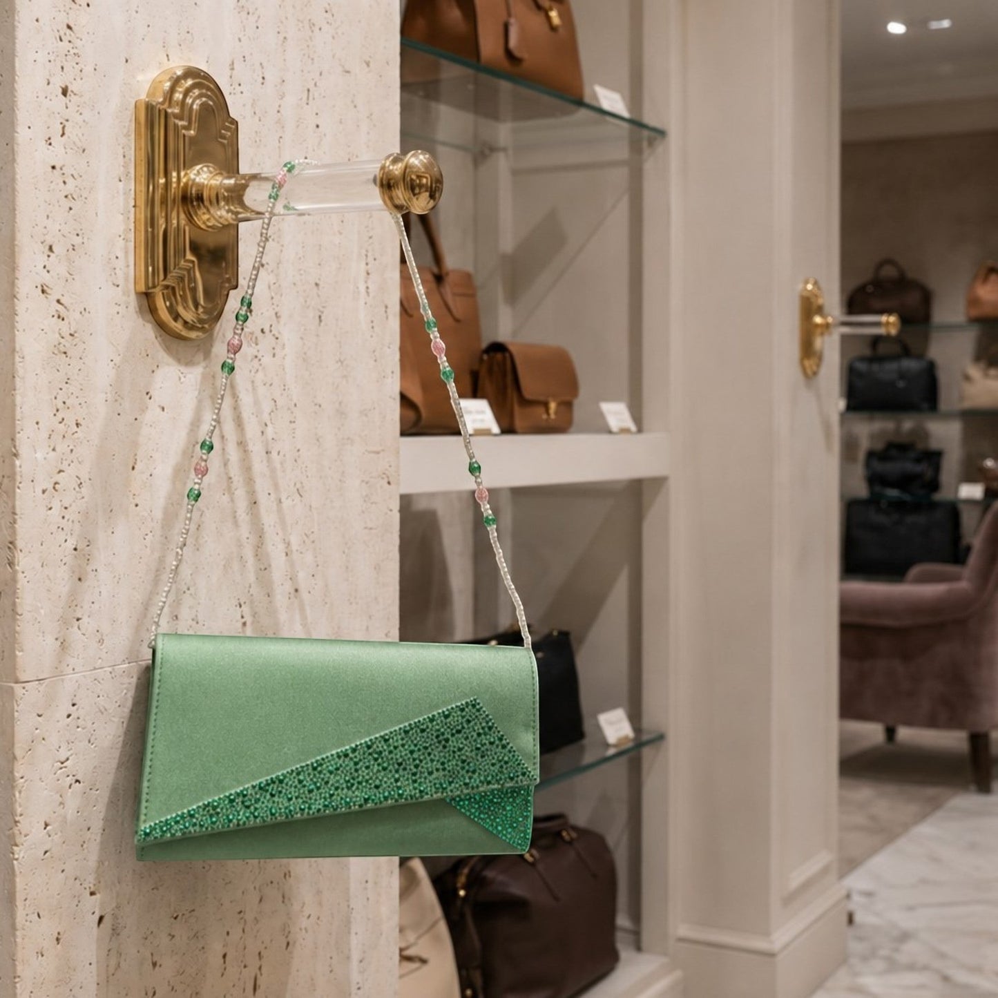 House of Lux Gifts green evening clutch with rhinestone accents and a beaded pink and green shoulder strap