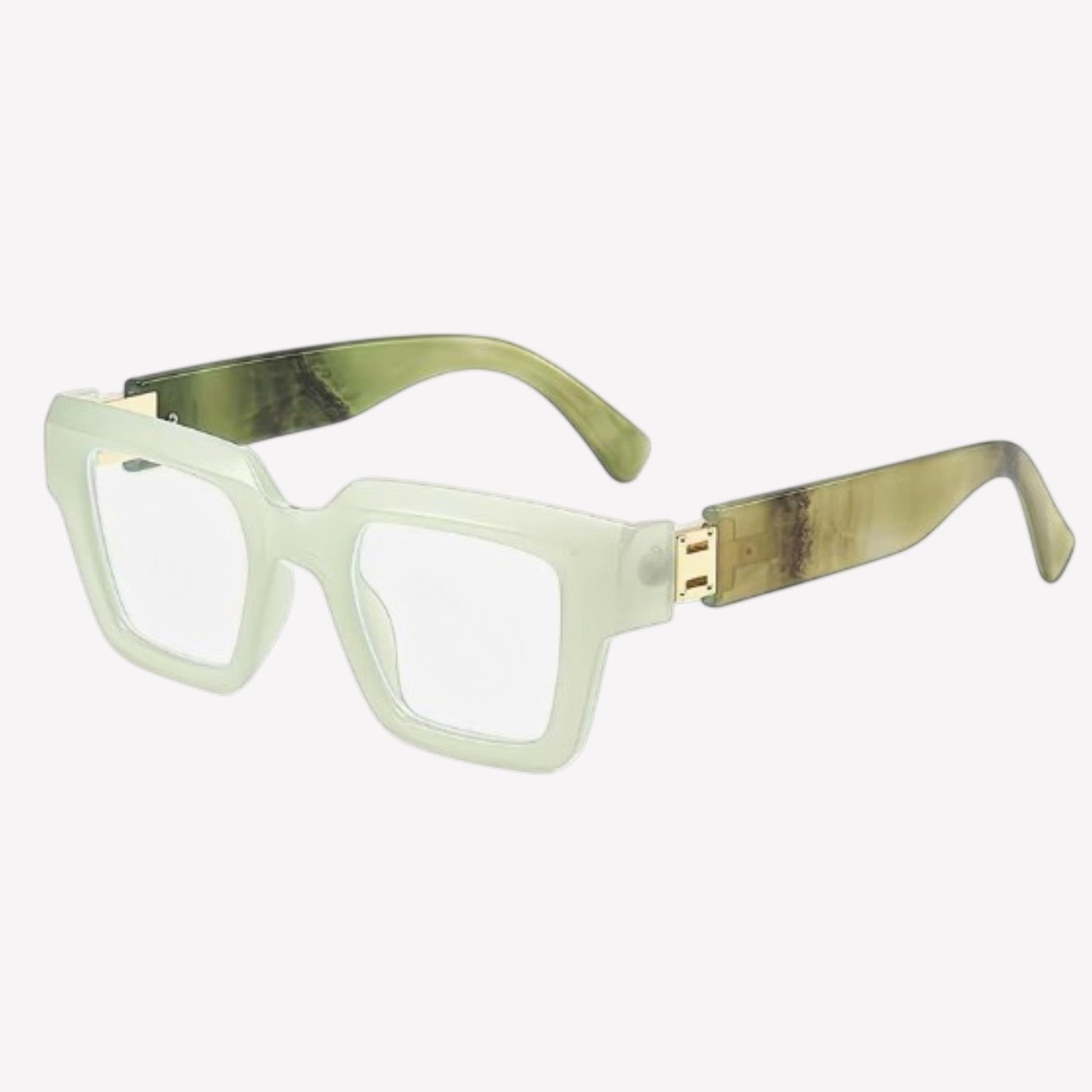 House of Lux Gifts light green square frame reading glasses with dark green marbled temples and gold accents