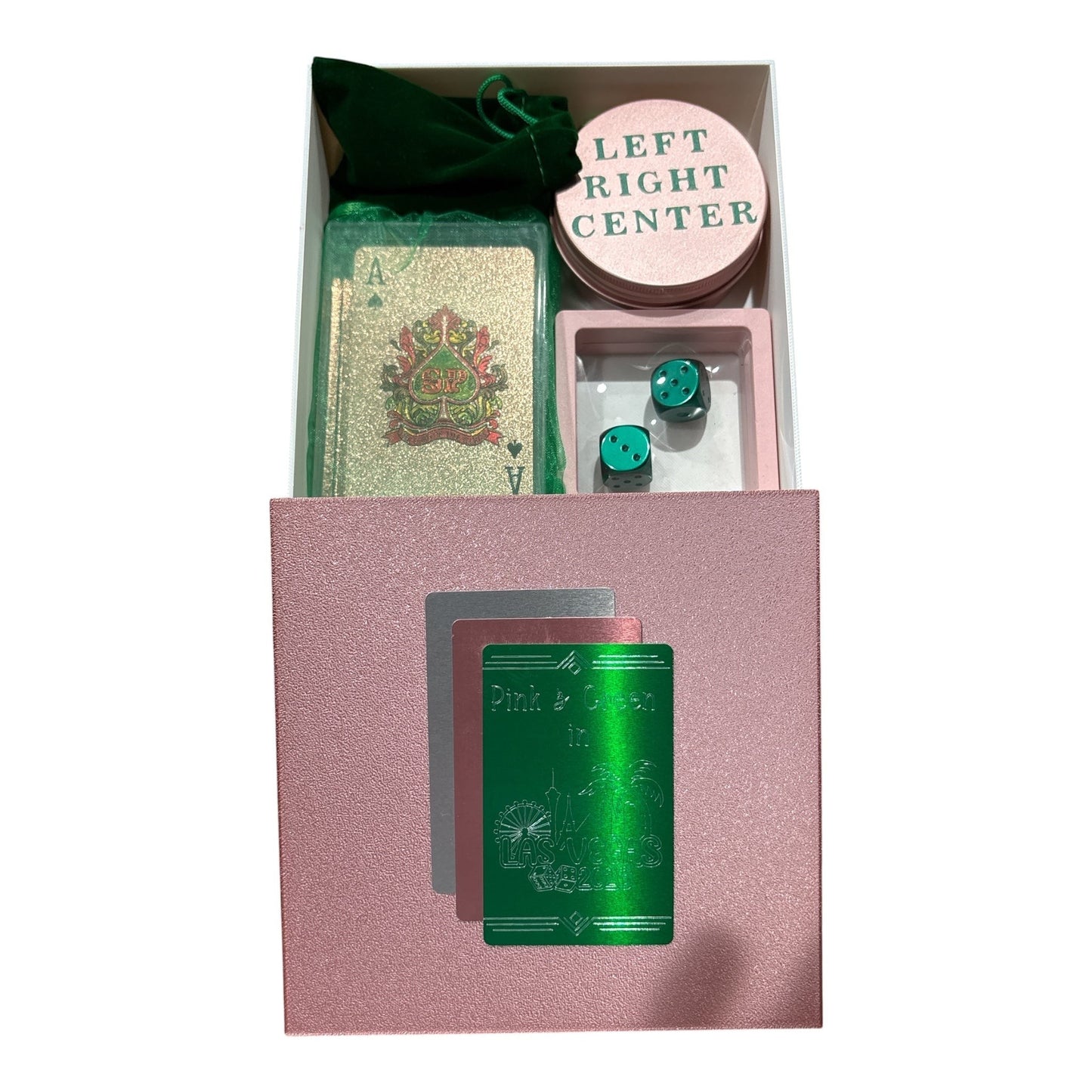 House of Lux Gifts luxury game night box featuring rose gold cards, green dice, and Las Vegas themed accents.