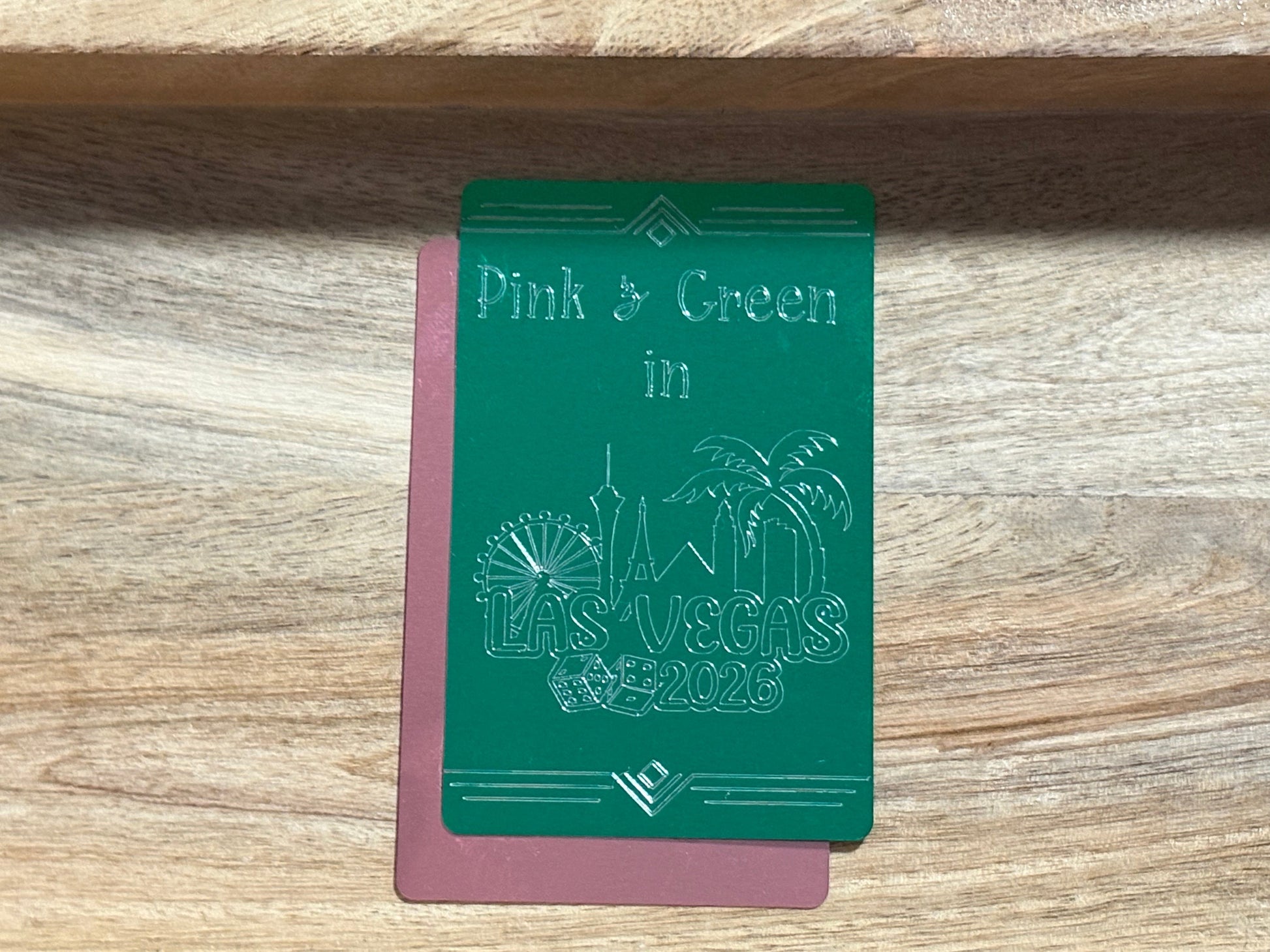 House of Lux Gifts Pink and Green in Las Vegas 2026 keepsake token card on a wooden surface