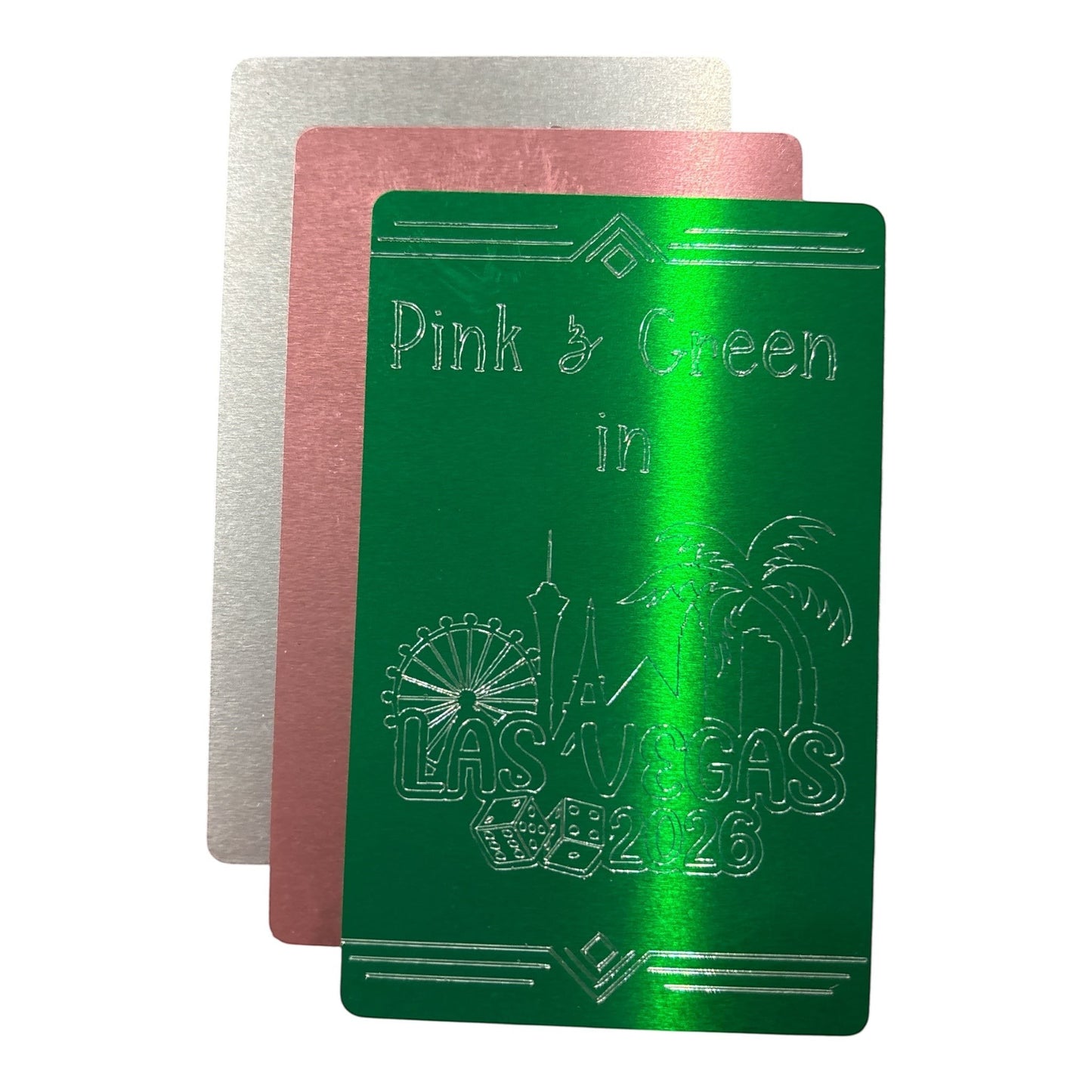 House of Lux Gifts rose gold and green metallic playing cards with Las Vegas 2026 engraved design