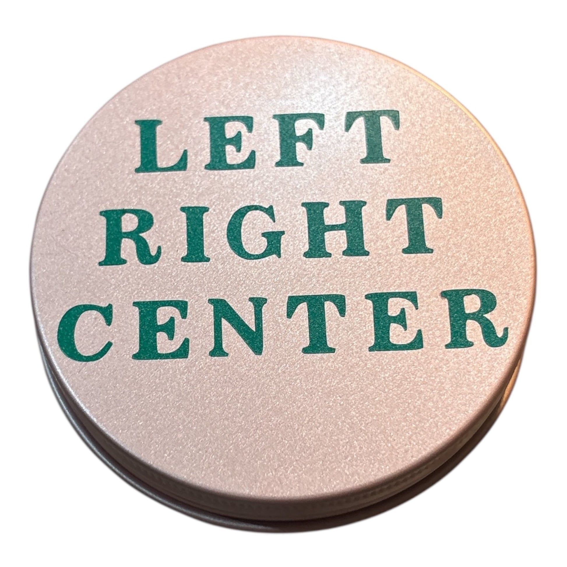 House of Lux Gifts Left Right Center game chip container with metallic pink finish and green text