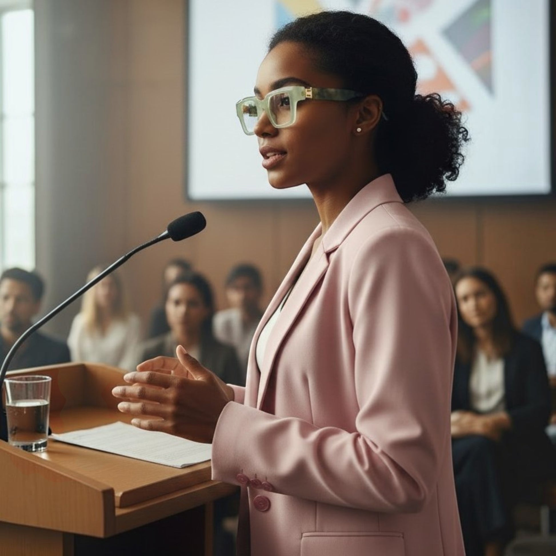 House of Lux Gifts light green reader glasses worn by a woman in a pink blazer speaking at a podium.