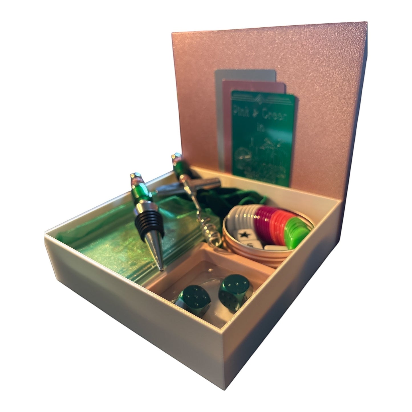 House of Lux Gifts luxury game night box featuring playing cards, dice, chips, and beaded wine accessories in pink box