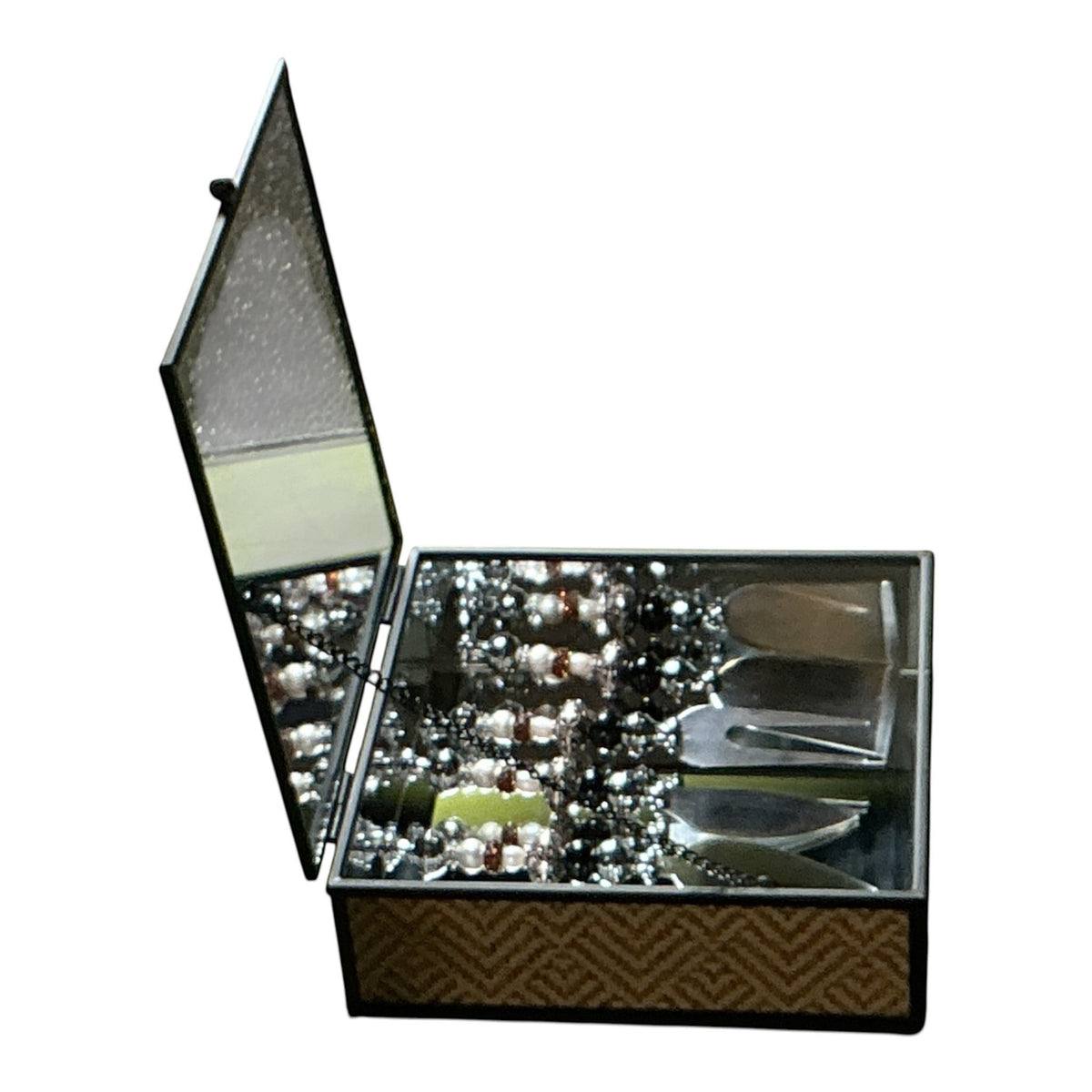 House of Lux Gifts mirrored charcuterie gift box with stainless steel serving tools featuring decorative beaded handles