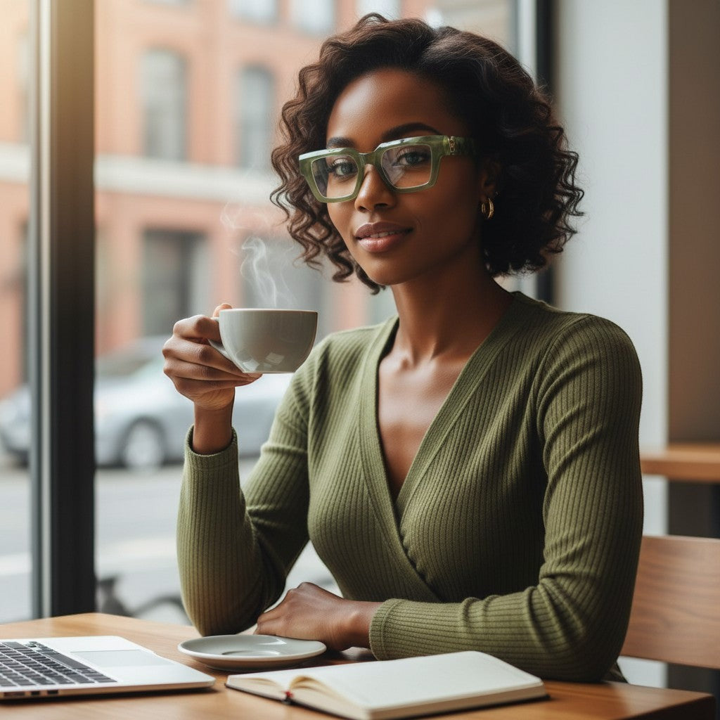 House of Lux Gifts olive green reader glasses worn by a woman in a cafe with a coffee cup and laptop