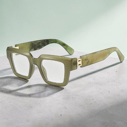 House of Lux Gifts olive green reader glasses with a thick square frame and gold-tone temple accents.