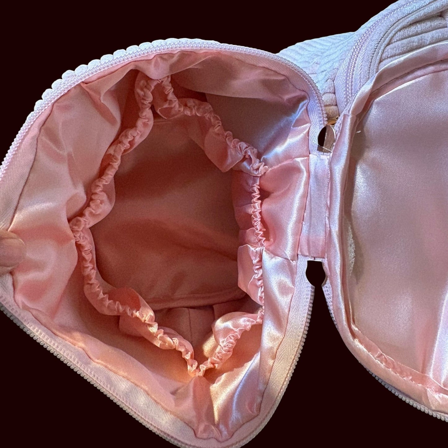 House of Lux Gifts blush pink corduroy cosmetic bag interior with satin lining and elasticized storage pockets