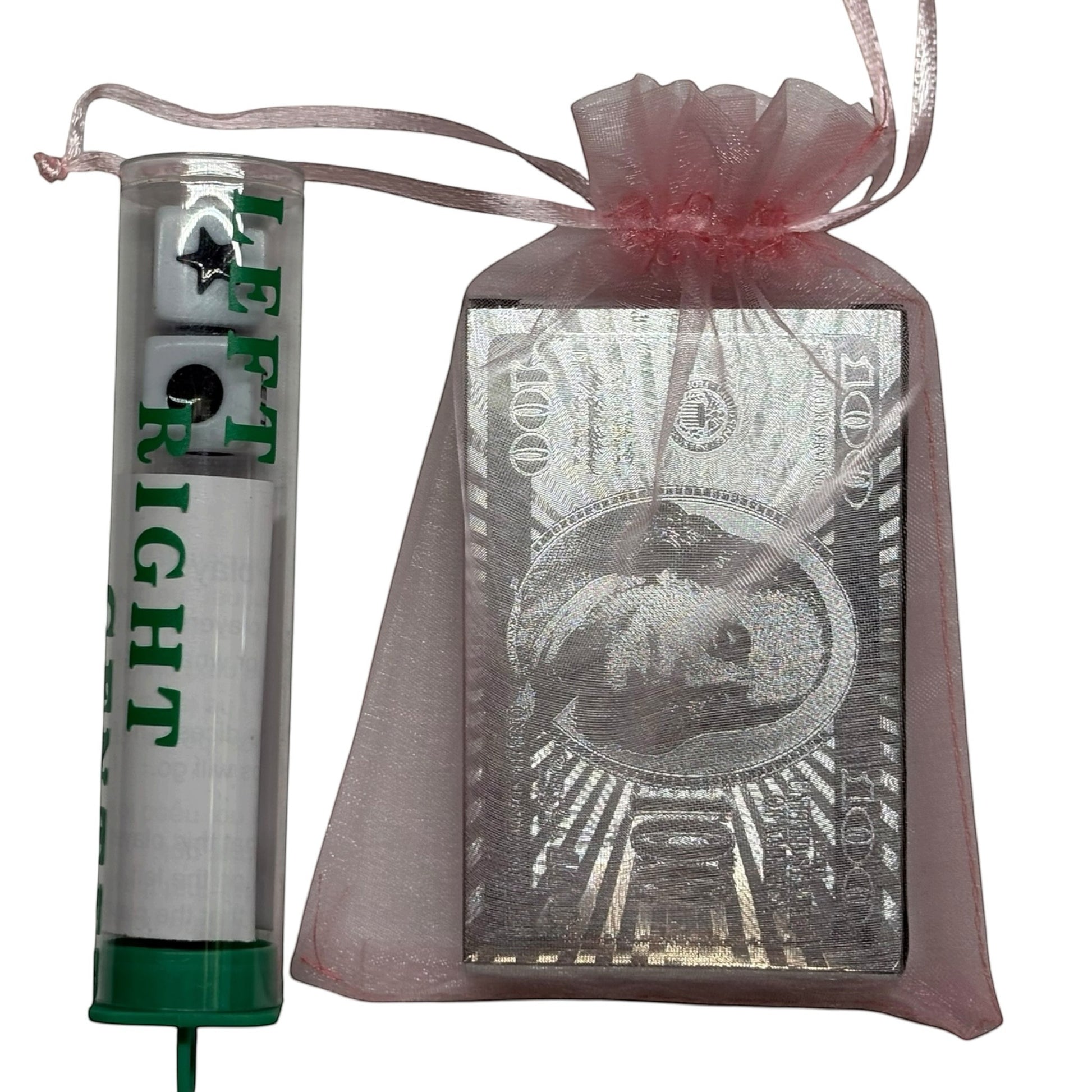 House of Lux Gifts pink organza bag with metallic silver playing cards and a clear tube containing game dice