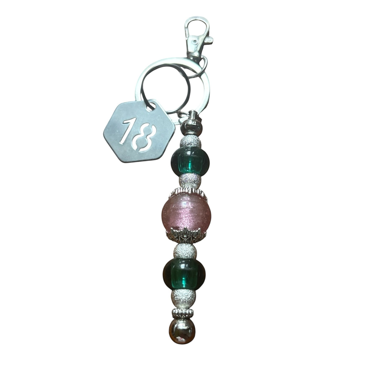 House of Lux Gifts pink and green beaded keychain with a metal number 18 tag and handmade lampwork glass beads.