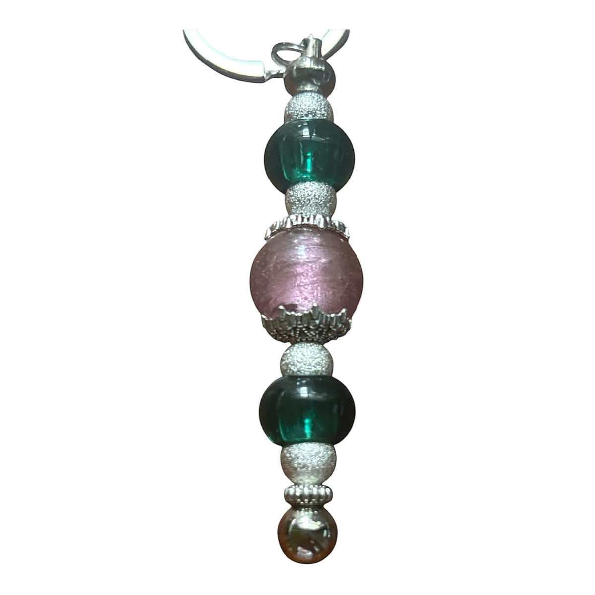 House of Lux Gifts pink and green beaded keychain with handmade glass lampwork statement bead and metal accents
