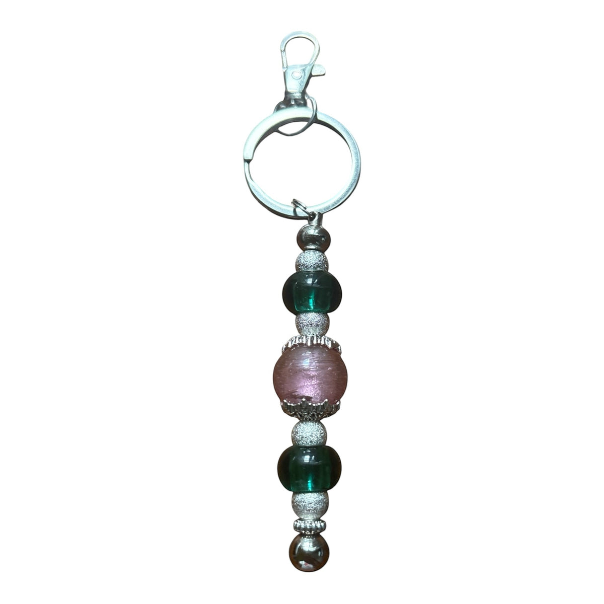 House of Lux Gifts pink and green beaded keychain bag charm with handmade glass lampwork beads and metal accents