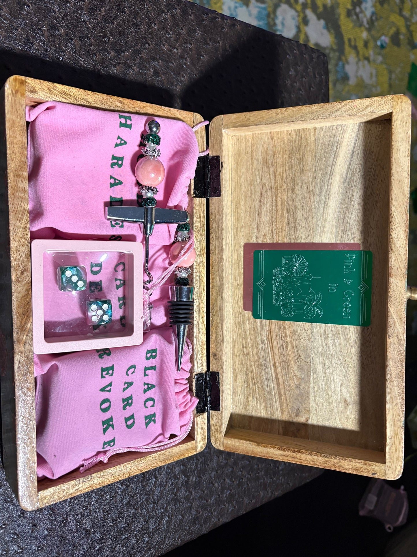 House of Lux Gifts pink and green luxury game night set in a wooden keepsake box with velvet pouches and accessories.