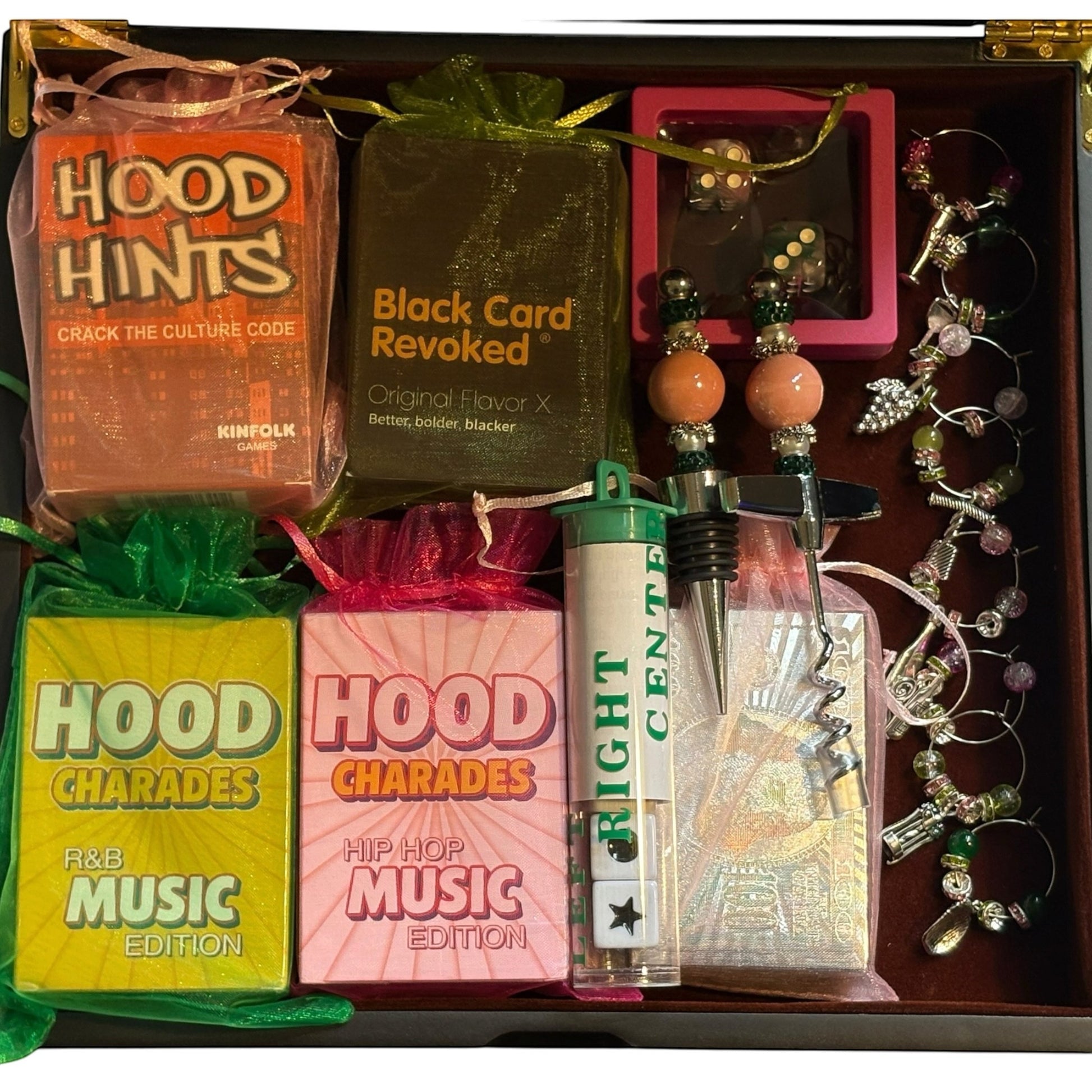 House of Lux Gifts Pink and Green in Las Vegas game night box featuring velvet card sets, dice, and wine accessories.