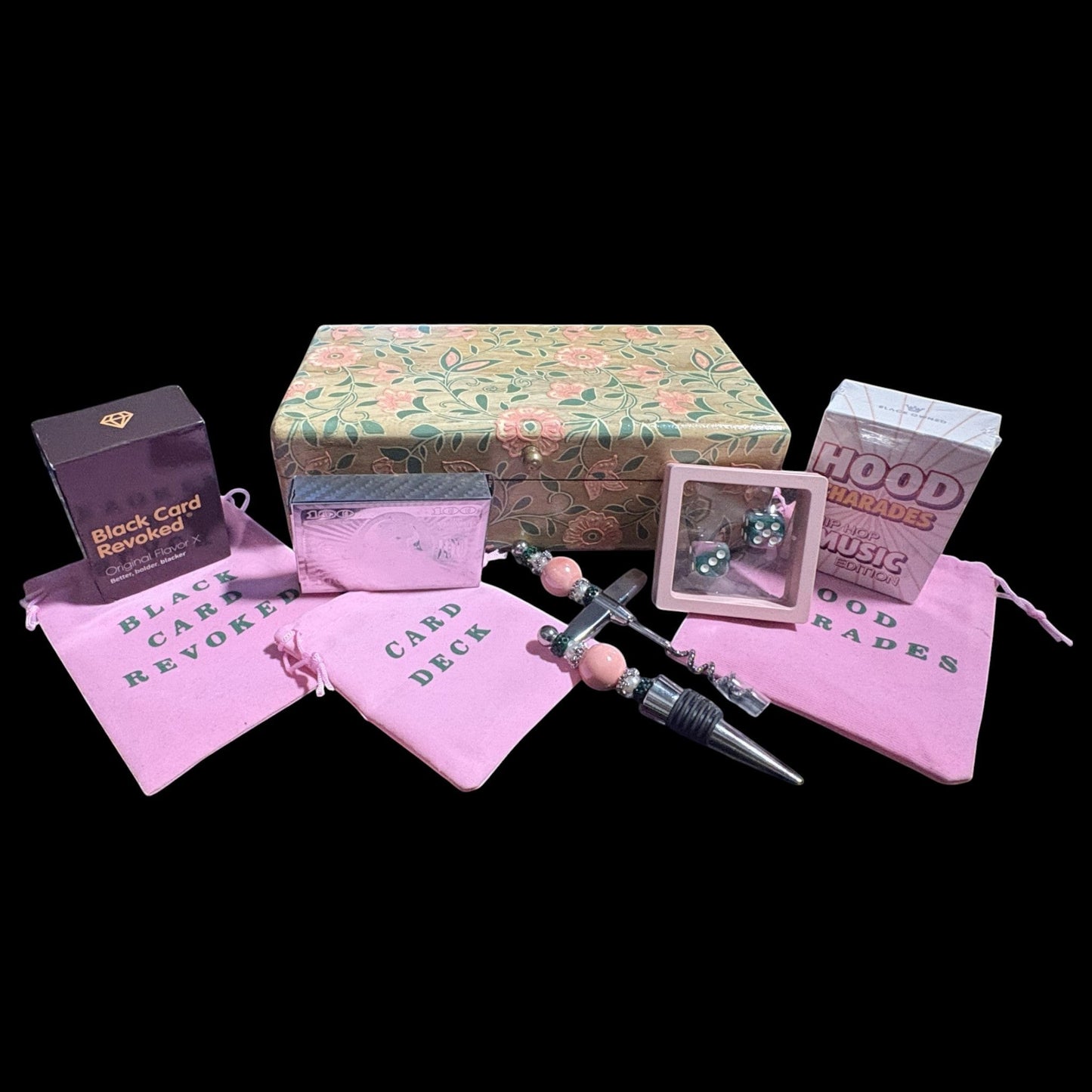 House of Lux Gifts pink and green luxury game night set in a floral wooden box with velvet game pouches and accessories