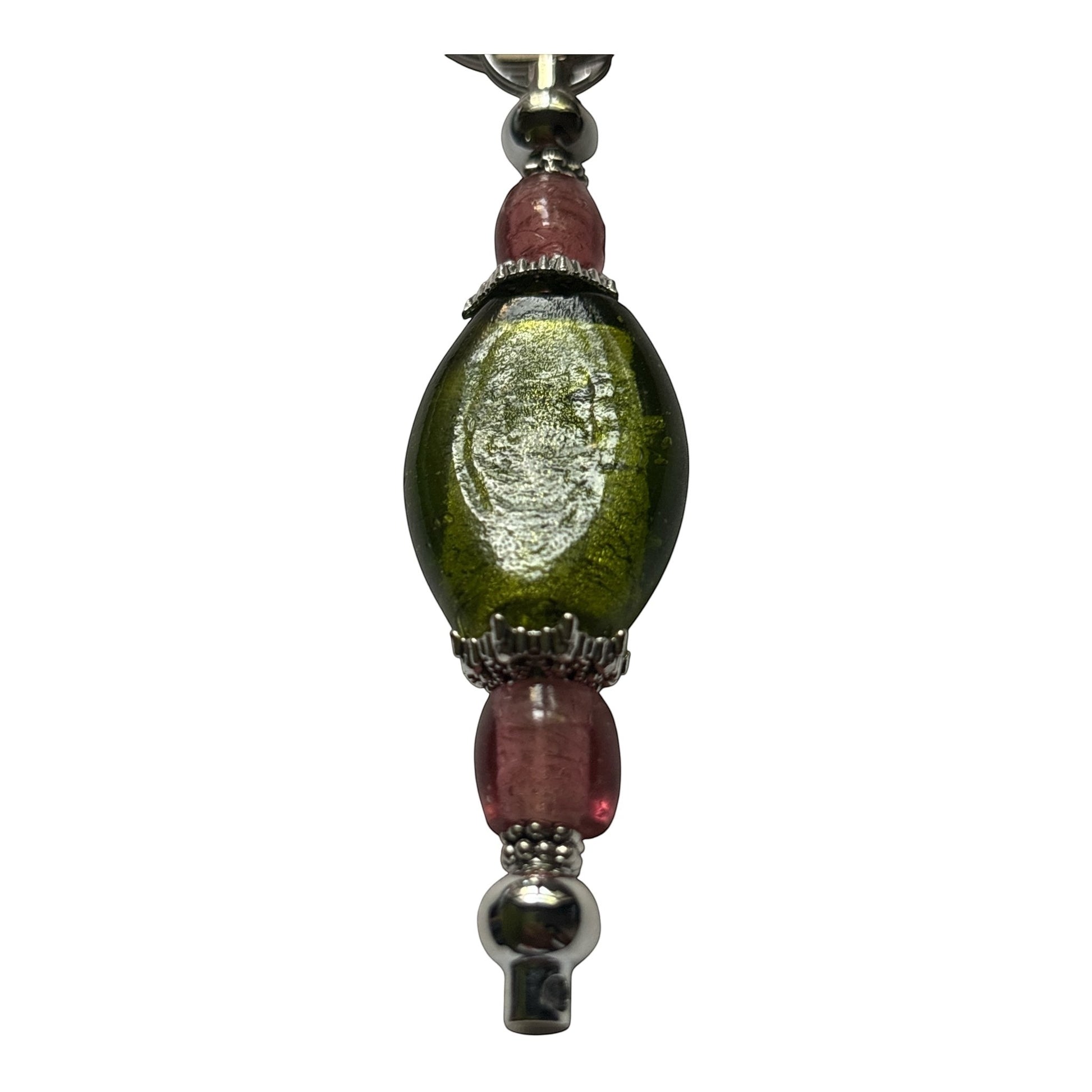 House of Lux Gifts handmade lampwork glass keychain with pink and green beads and gold plated metal accents