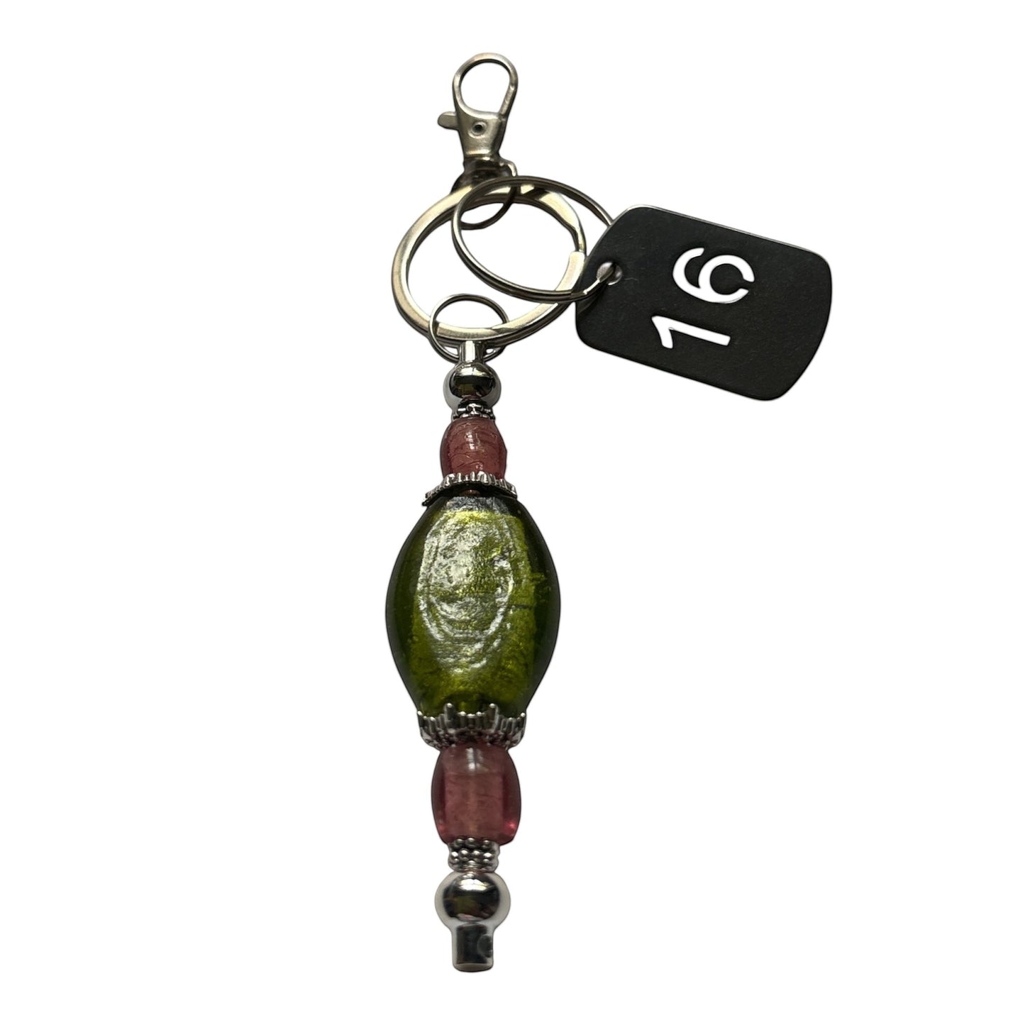 House of Lux Gifts pink and green handmade lampwork glass beaded keychain bag charm with number 16 tag