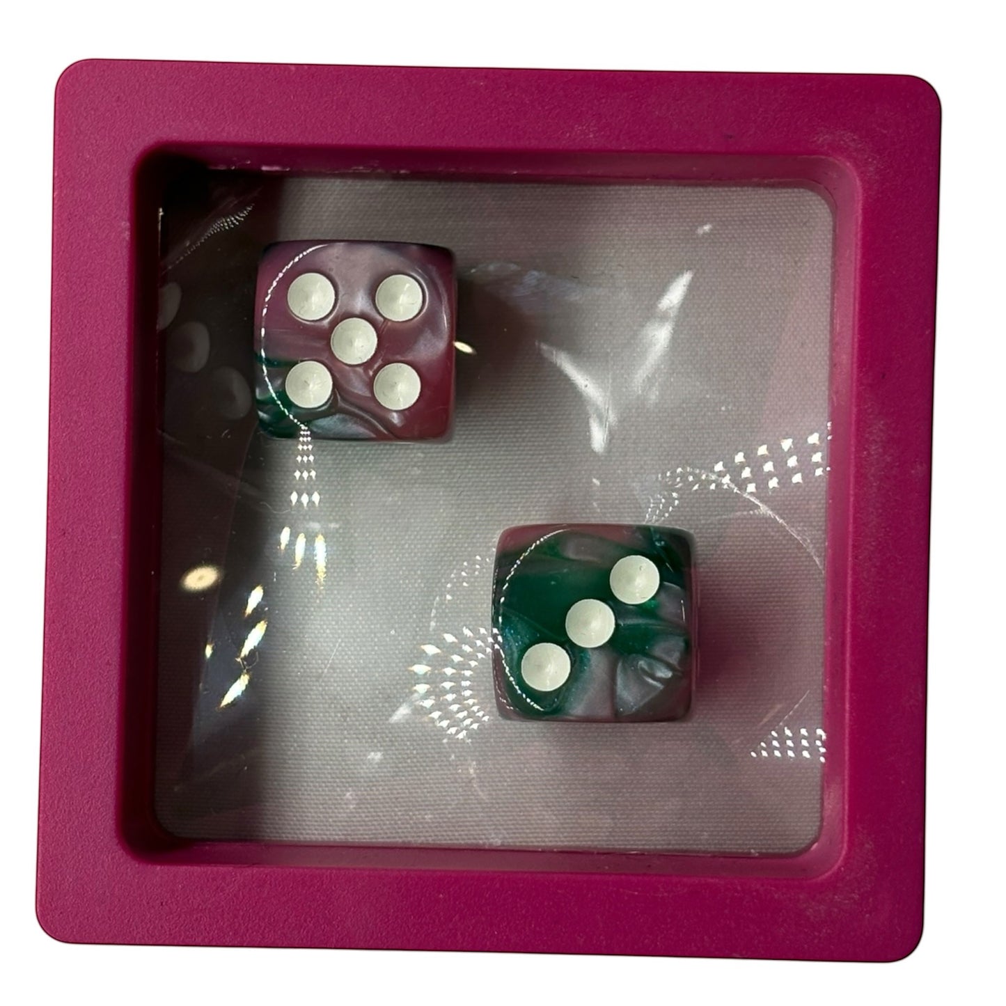 House of Lux Gifts pink and green marbled dice set inside a square pink wooden display frame