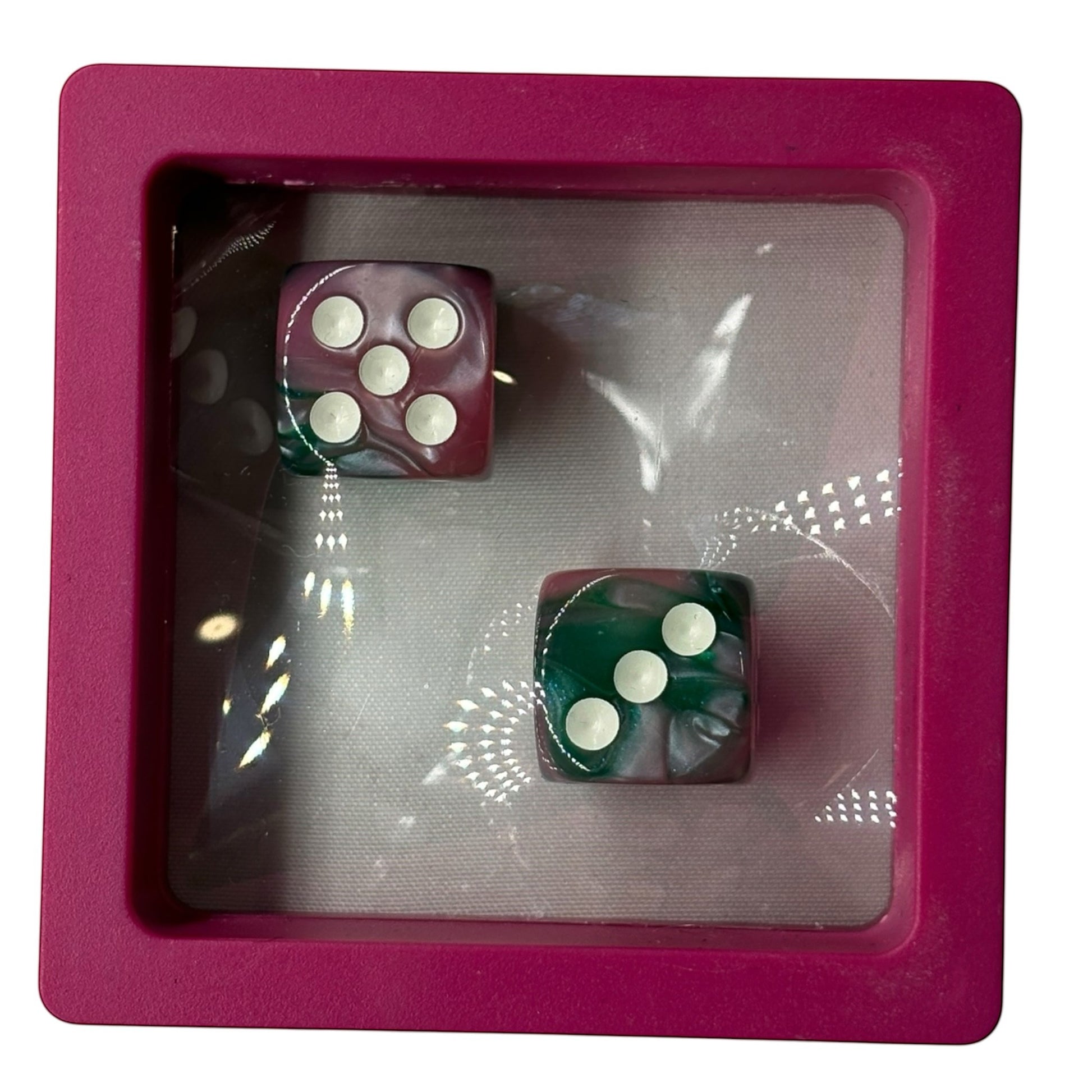 House of Lux Gifts pink and green marbled dice set inside a square pink wooden display frame