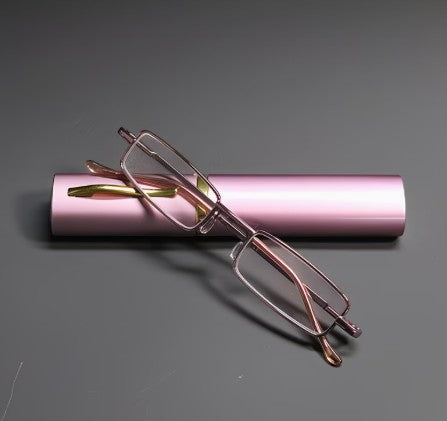 House of Lux Gifts ultra thin pink reading glasses with a matching slim protective case on a grey background