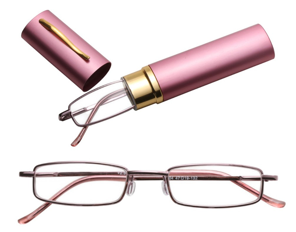 House of Lux Gifts ultra thin pink reading glasses with a matching slim cylindrical protective case.