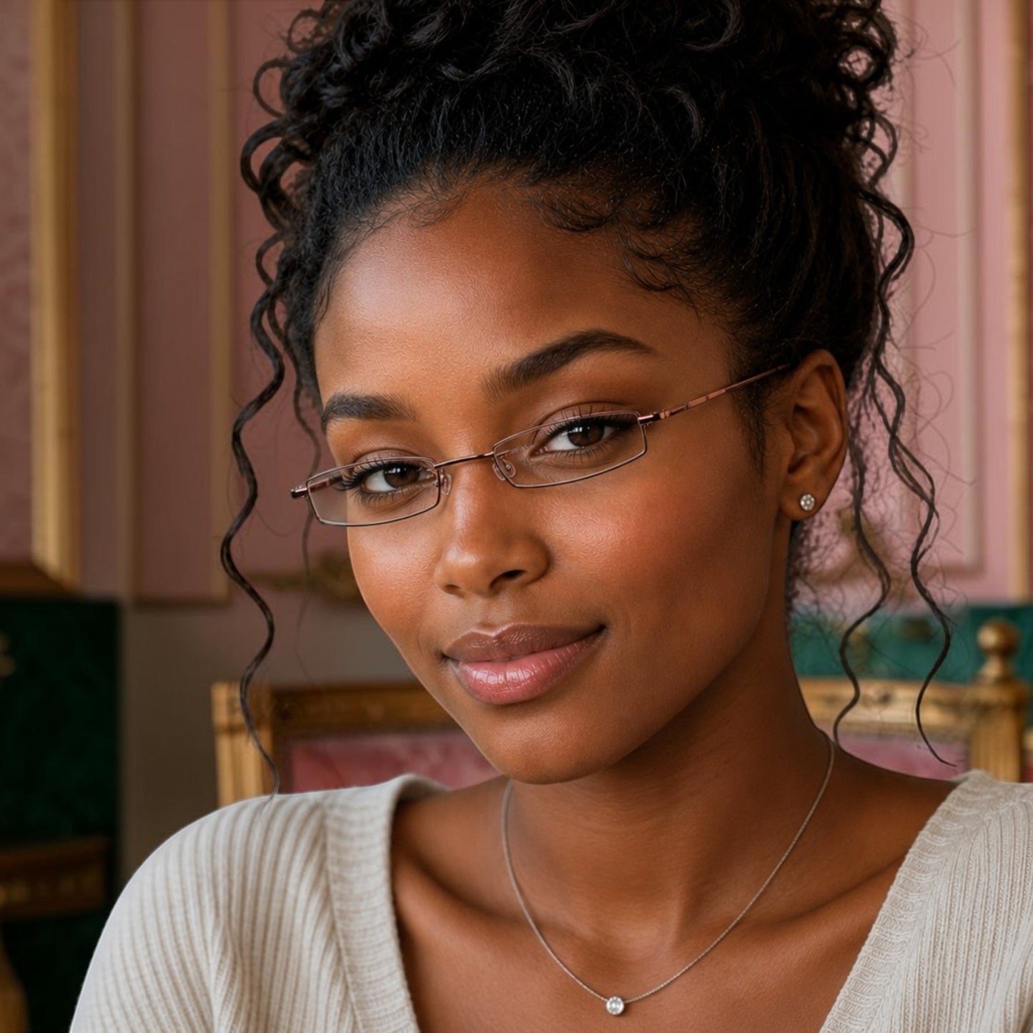 Woman wearing House of Lux Gifts ultra-thin pink reader glasses with a sleek, minimalist frame design.
