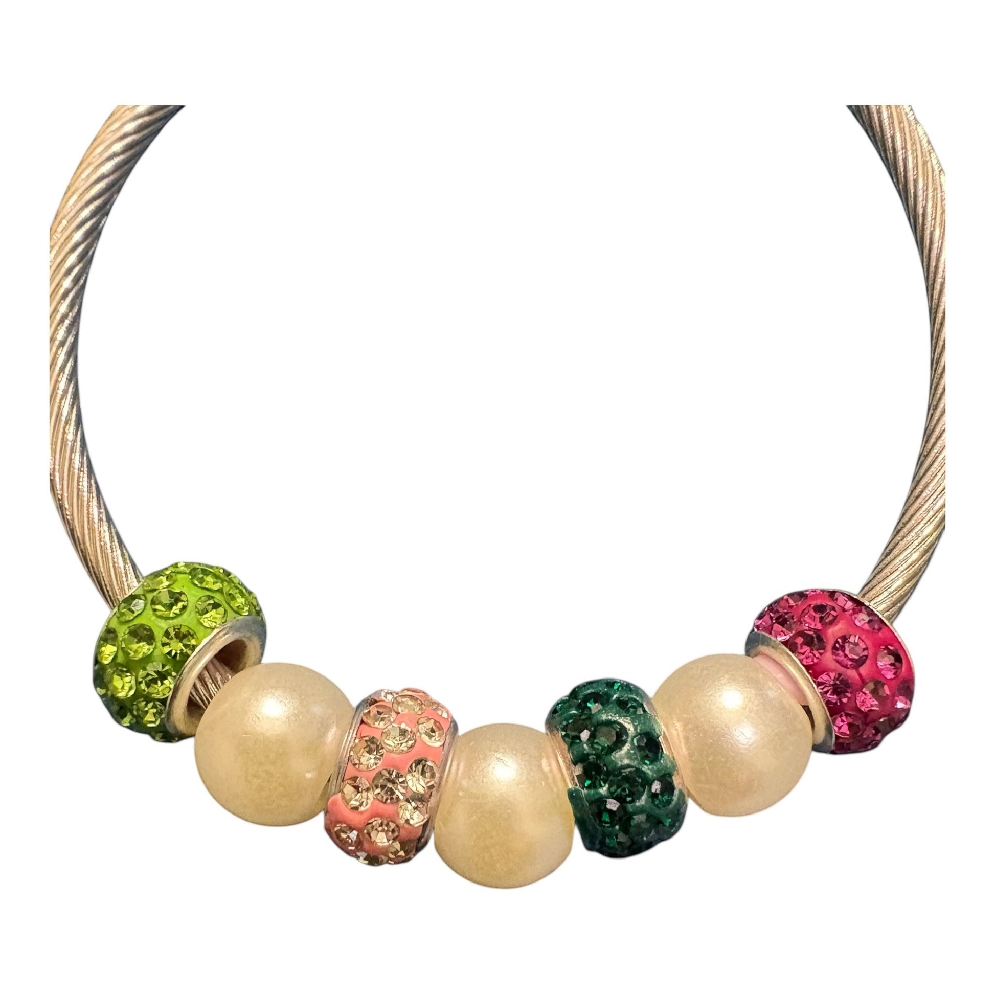 House of Lux Gifts handmade bangle bracelet with pink and green rhinestone beads and faux pearls on a twisted wire