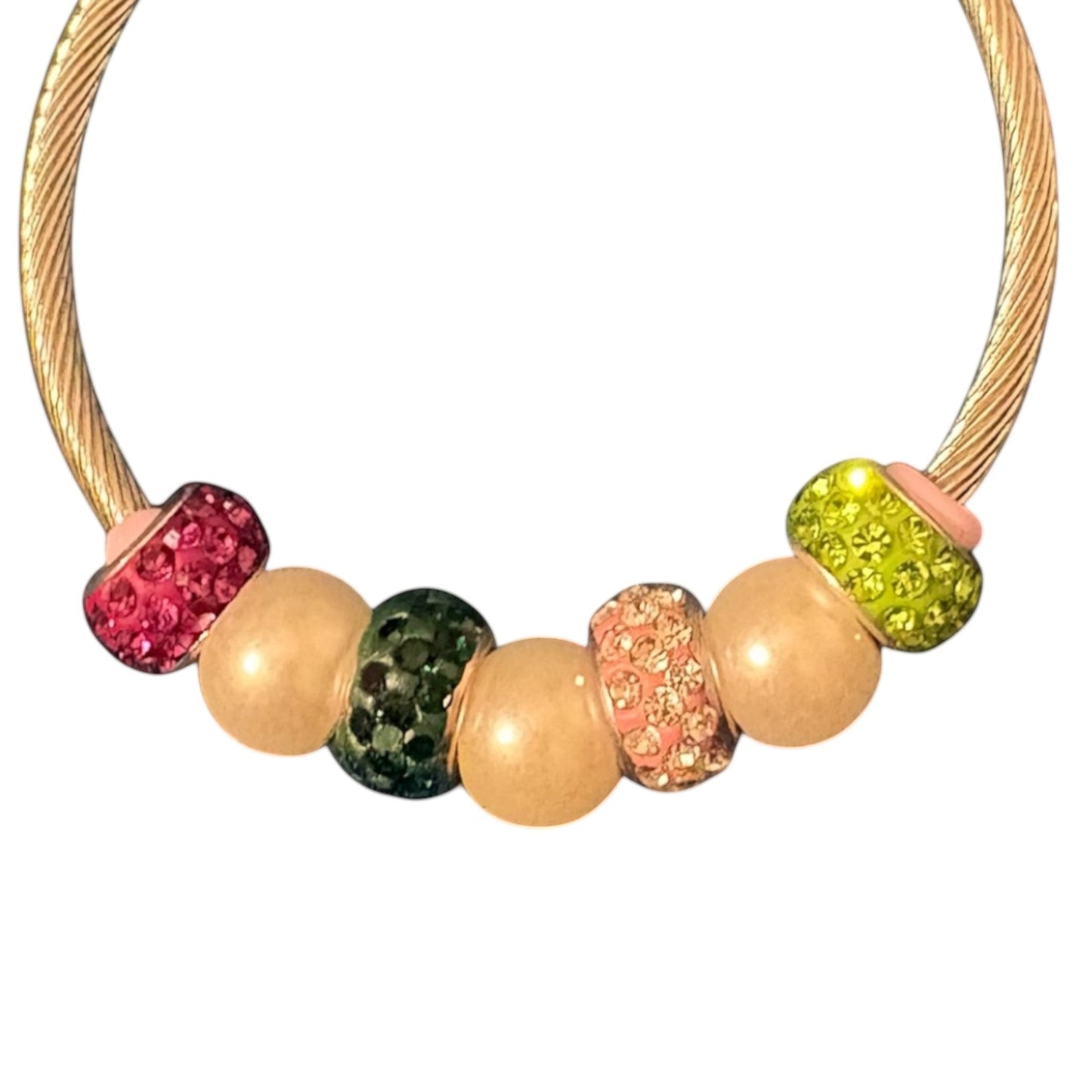 House of Lux Gifts handmade bangle bracelet with pink and green rhinestone beads, faux pearls, and pink stoppers.