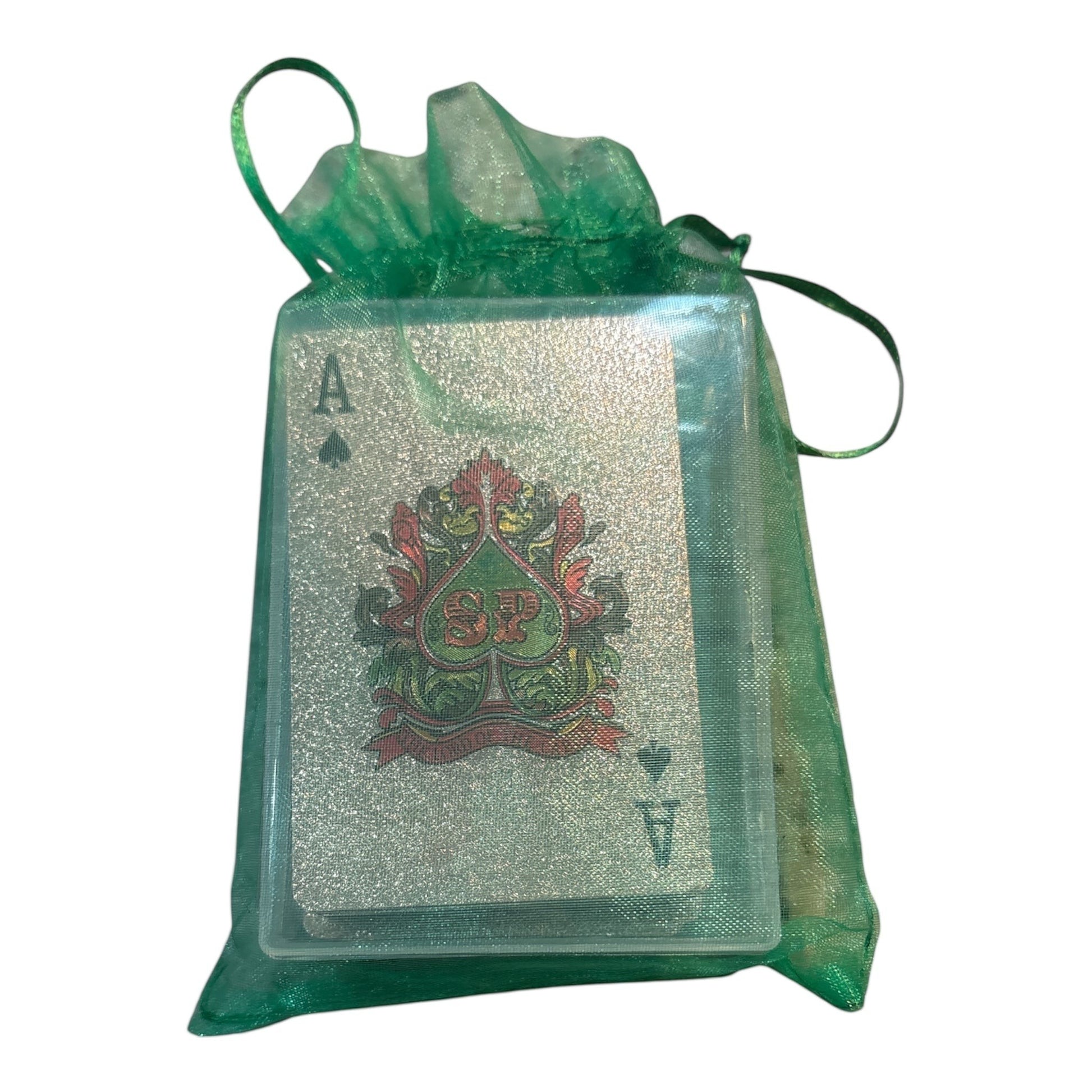 House of Lux Gifts rose gold plastic playing cards in a clear case inside a green organza drawstring bag