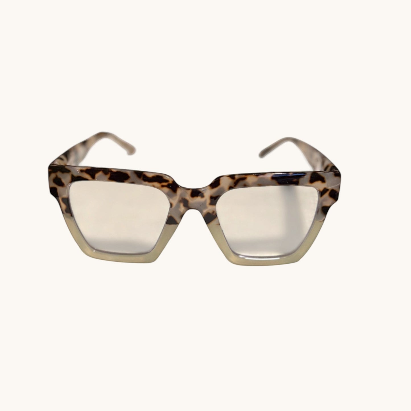 House of Lux Gifts geometric reading glasses with a tortoise shell pattern and blue light filtering lenses.